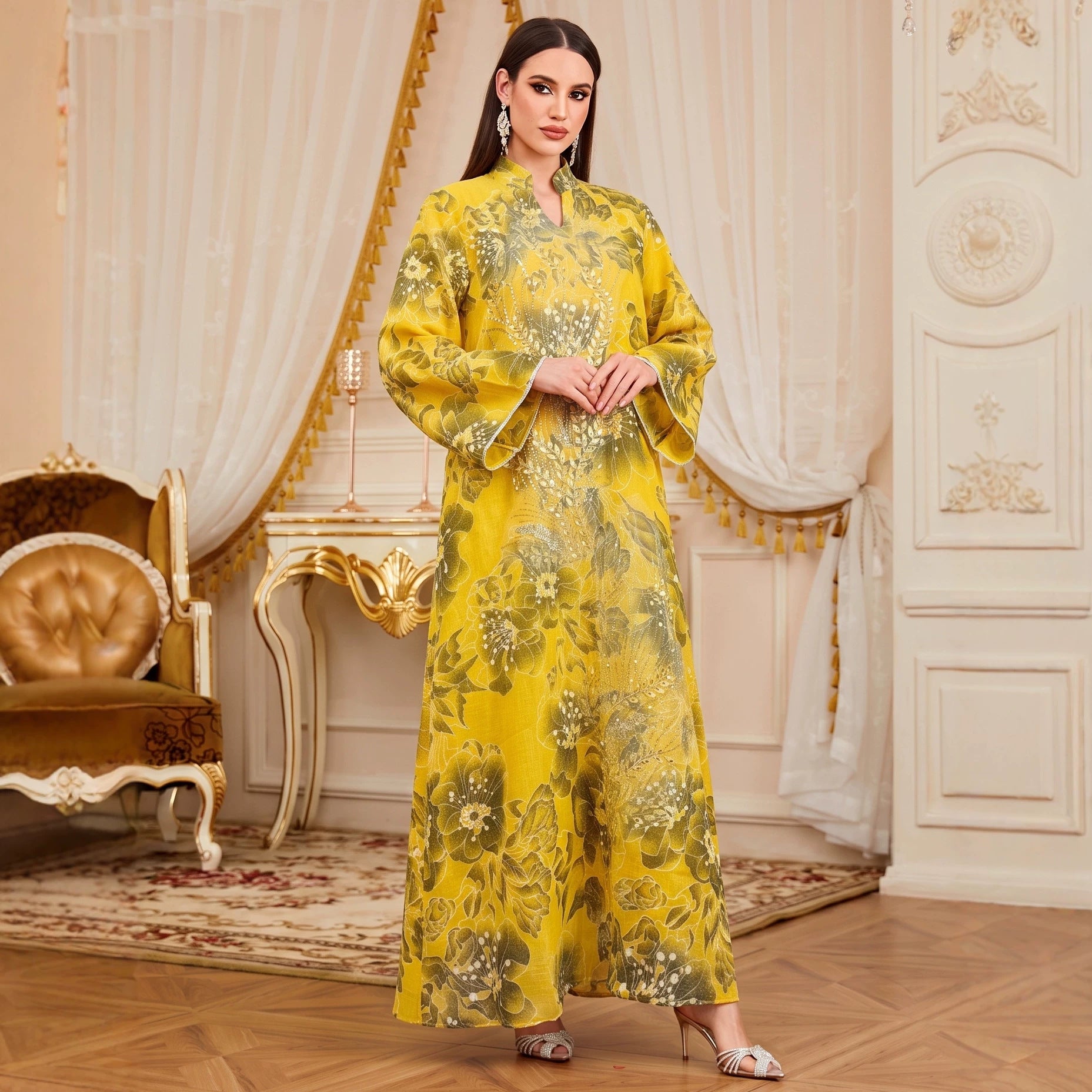 Beaded Sequin Applique Ethnic Pattern Gown Jalabiya Modest Loose Long Maxi Dress for Muslim Women Eid Ramadan M-XXL