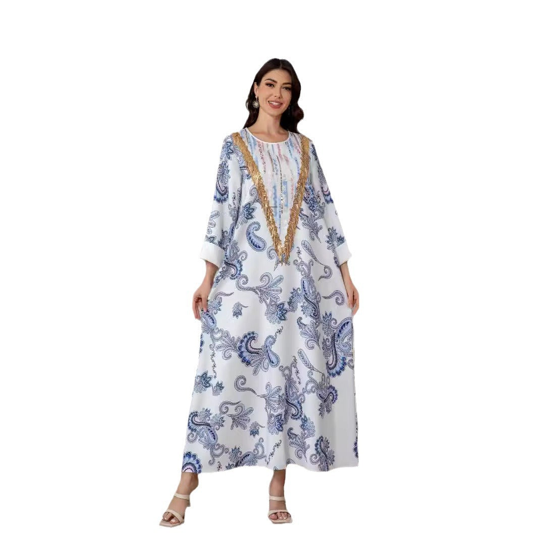 White Floral Print Evening Maxi Abaya Dress - Modest Long Sleeve Robe