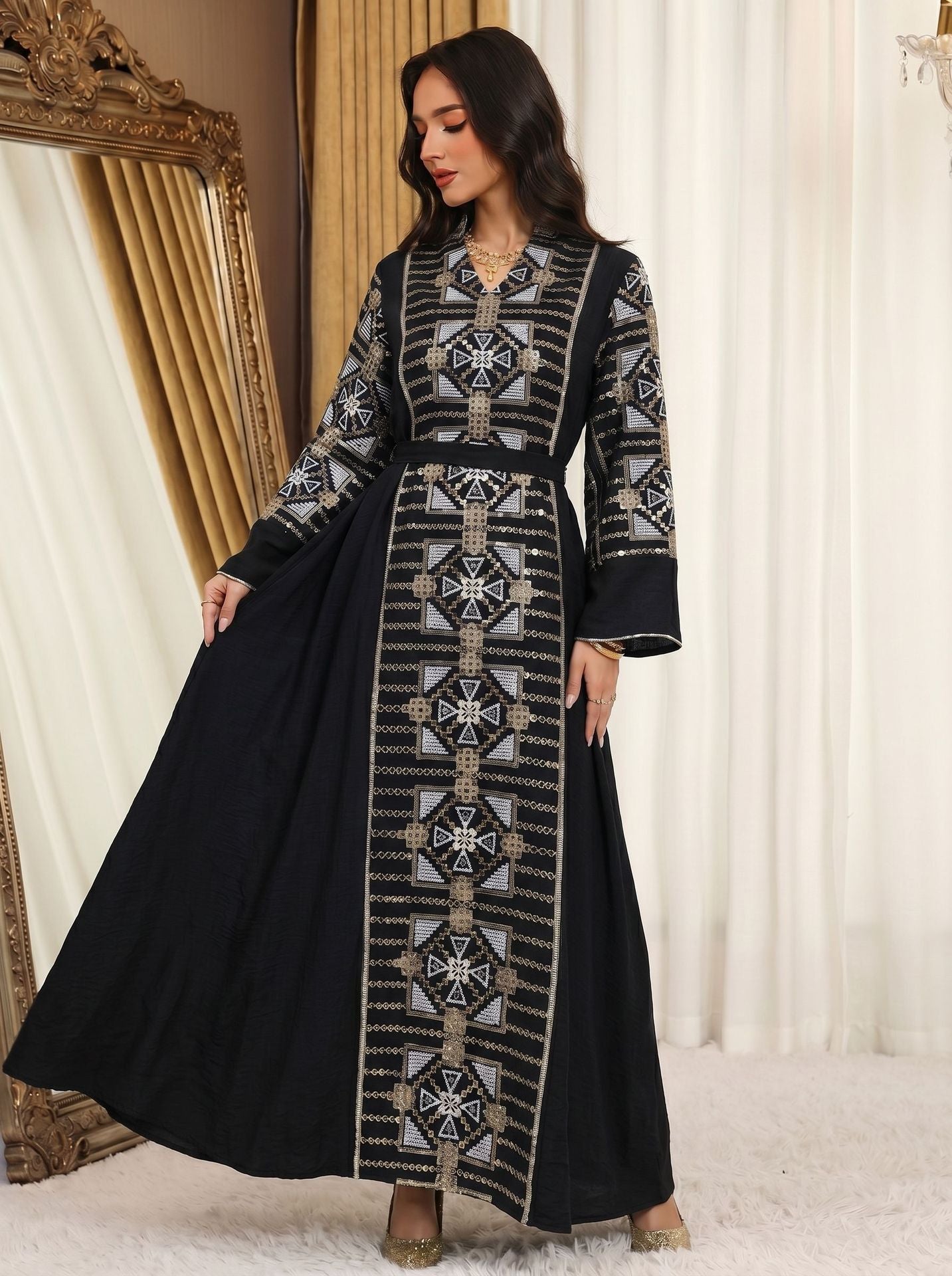 Gold Thread Sequin Embroidered Luxury Gown Jalabiya Modest Long Maxi Evening Dress for Muslim Women Eid Ramadan S-XXL