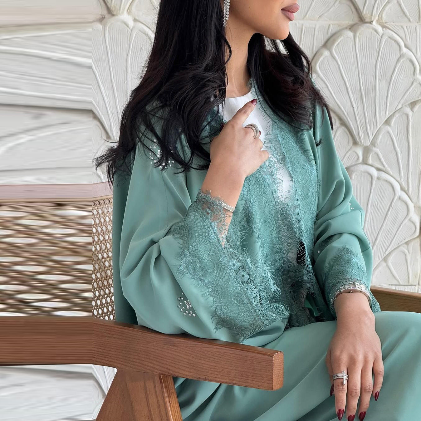 Light Green Lace Patchwork Long Open Abaya - Plus Size Modest Maxi Cardigan