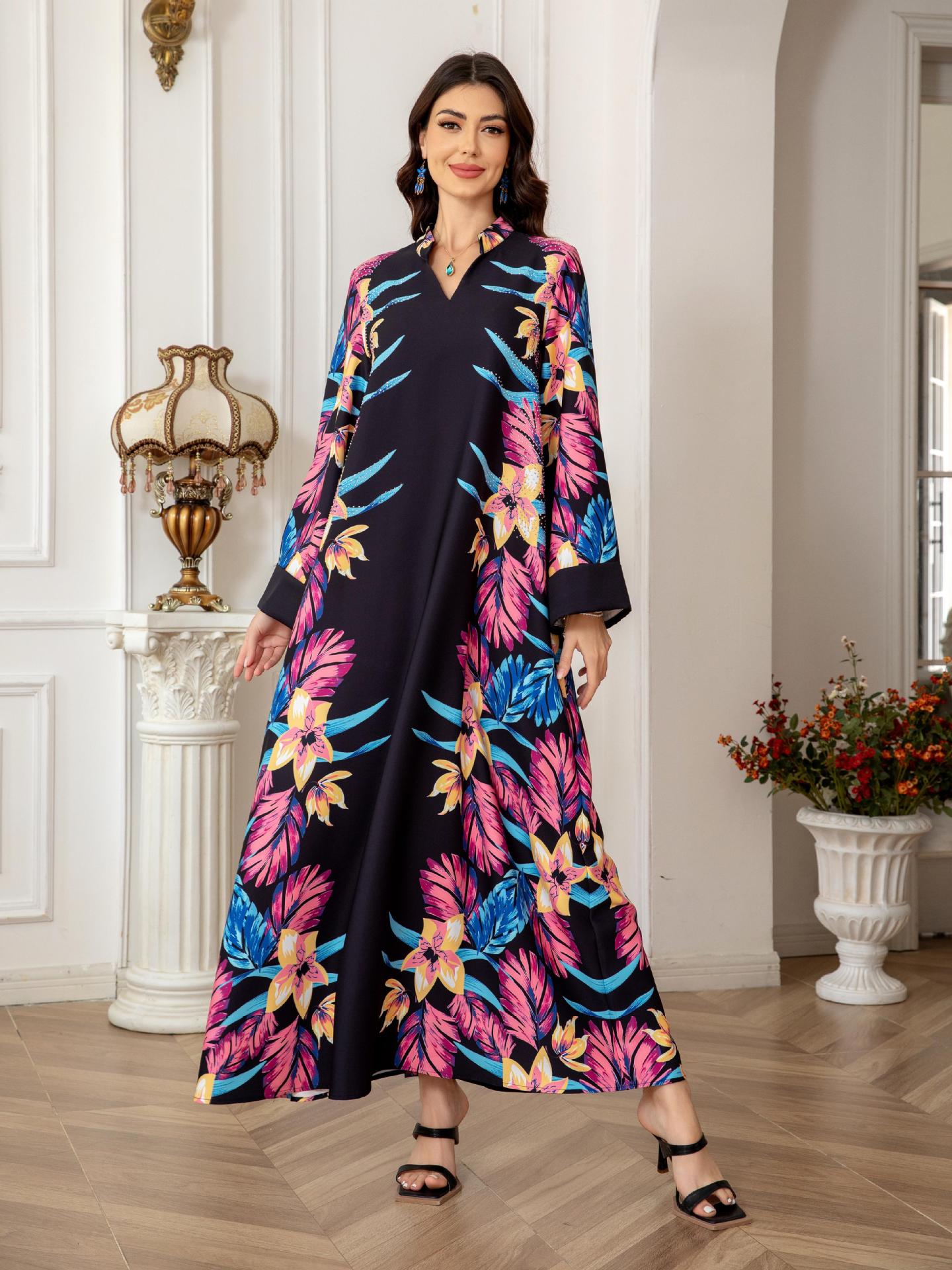 Black Floral Print Modest Abaya Dress - Long Sleeve Everyday Robe