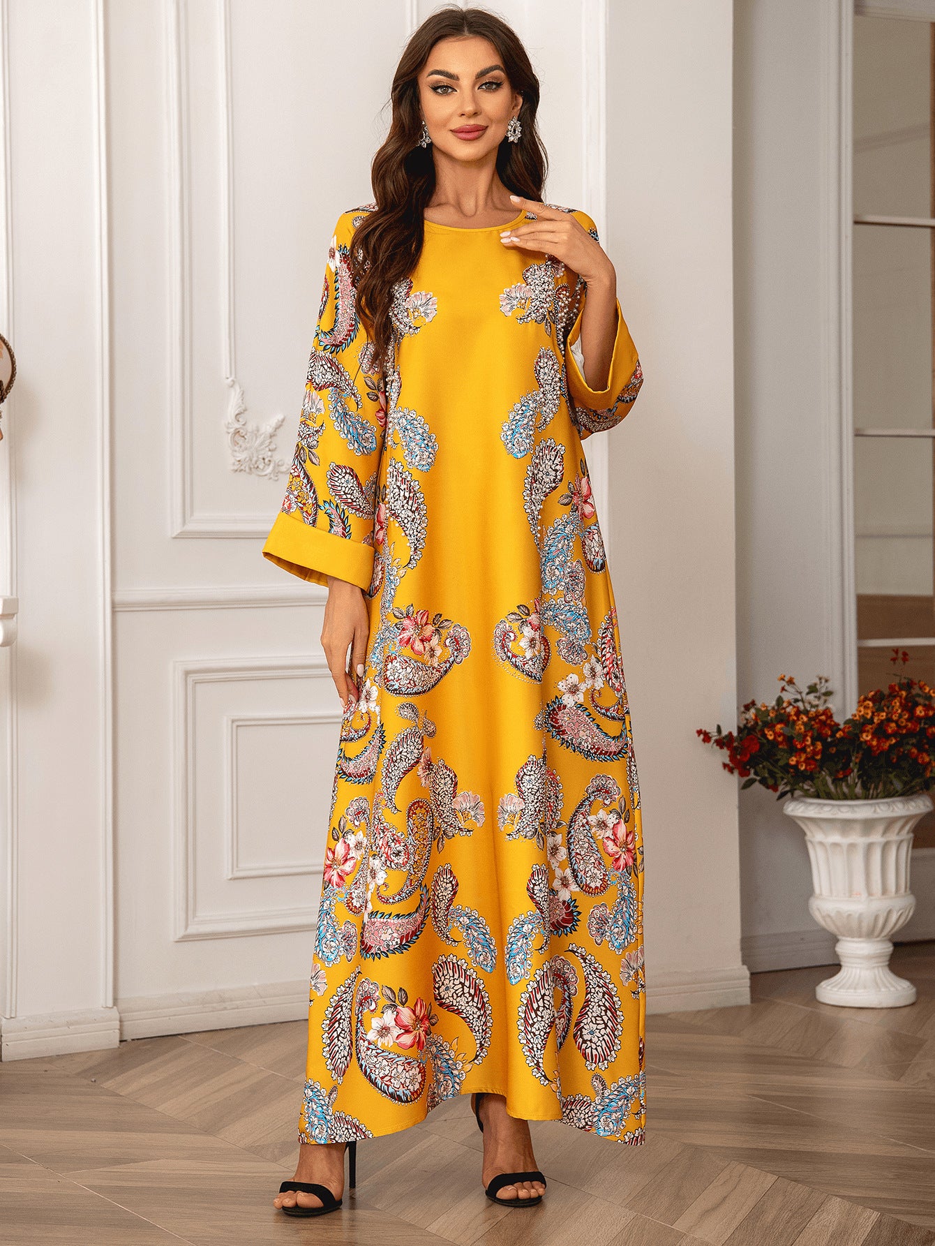 Yellow Floral Print Long Abaya - Plus Size Beaded African Robe