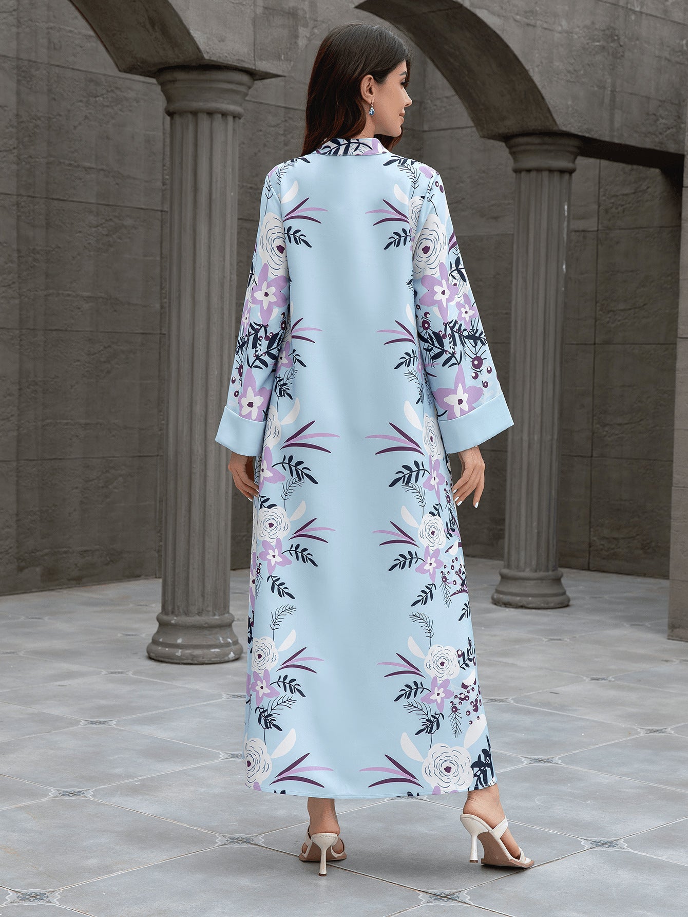 Light Blue Floral Print Modest Jalabiya Abaya Dress - Plus Size Maxi