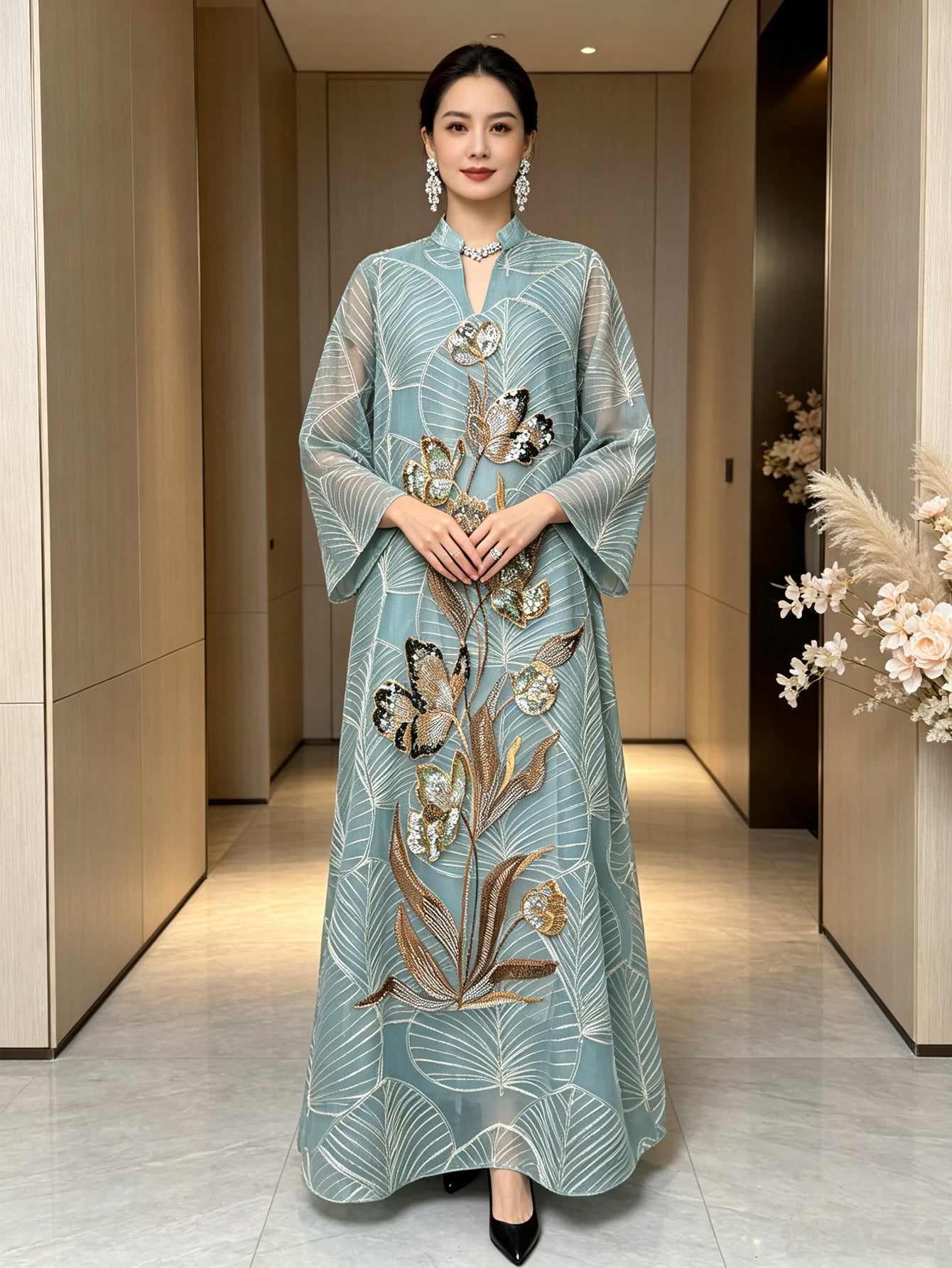 Apricot Emerald Green and Wine Red Leaf Pattern Embroidered Maxi Abaya