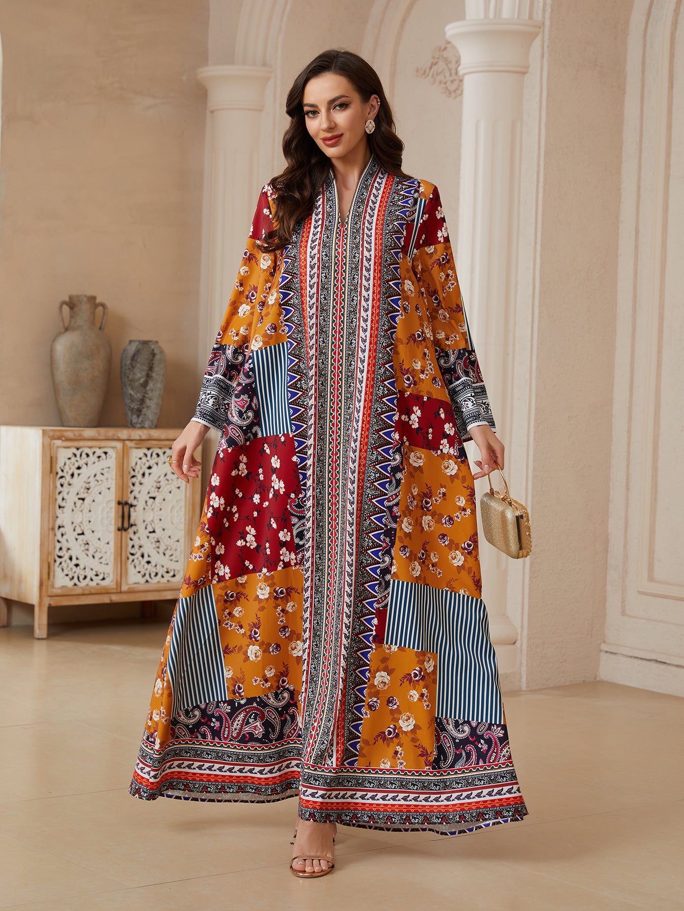 Floral Long Sleeve Ethnic Abaya - Modest Muslim Dress Ramadan Eid