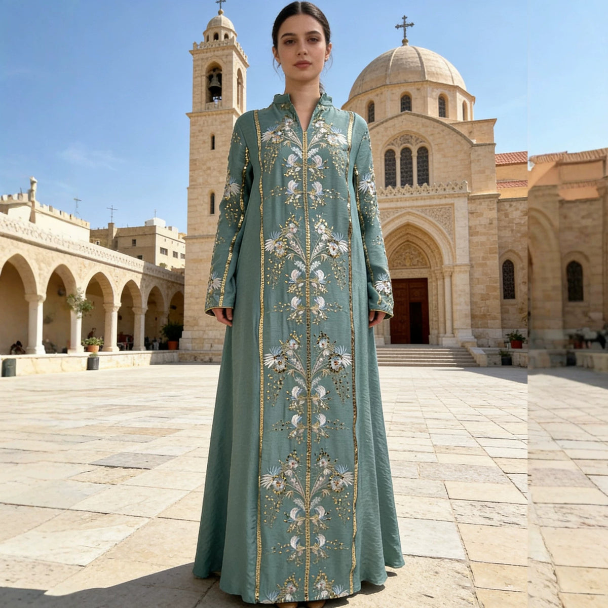 Vintage V-Neck Floral Embroidered Rayon Abaya Maxi Kaftan Dress for Muslim Women Elegant Ramadan Eid Celebration Gown - 251