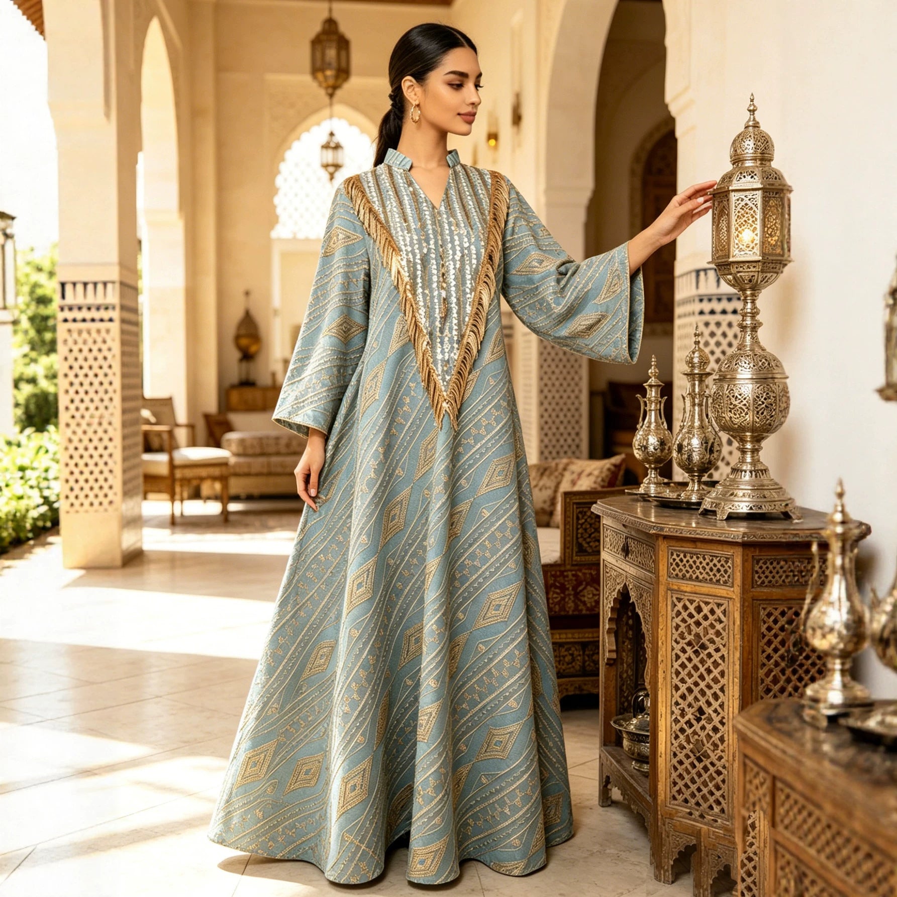 Elegant Embroidered Mesh Long Dress Abaya Kaftan Modest Maxi Dress for Muslim Women Eid Ramadan Festive Wear S-XXL