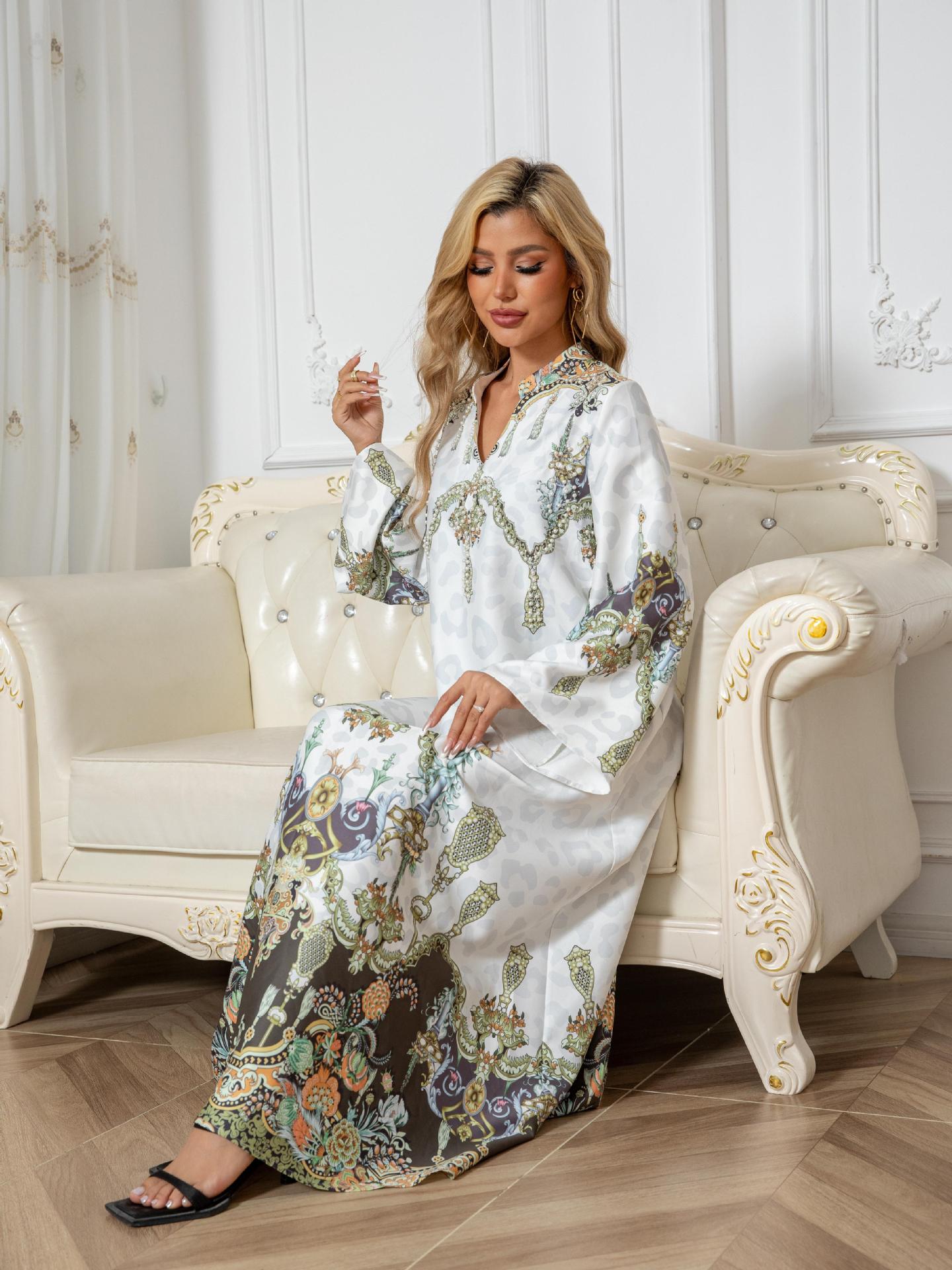 White Printed Beaded Maxi Dress - Modest Muslim Gown for Women