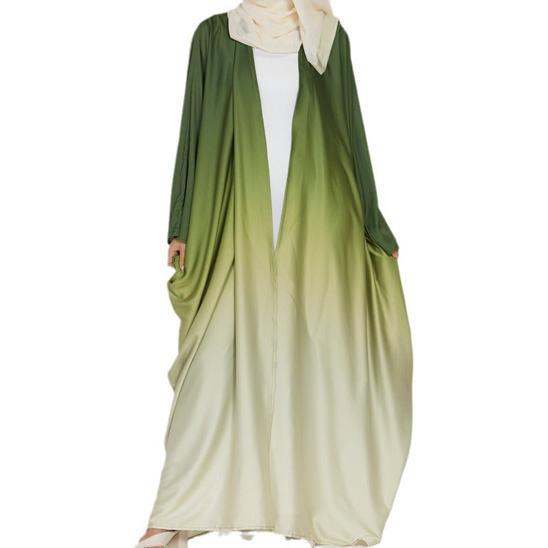 Khaki Light Purple and Light Green Tie-Dye Gradient Open Cardigan Maxi Dress - Free Size