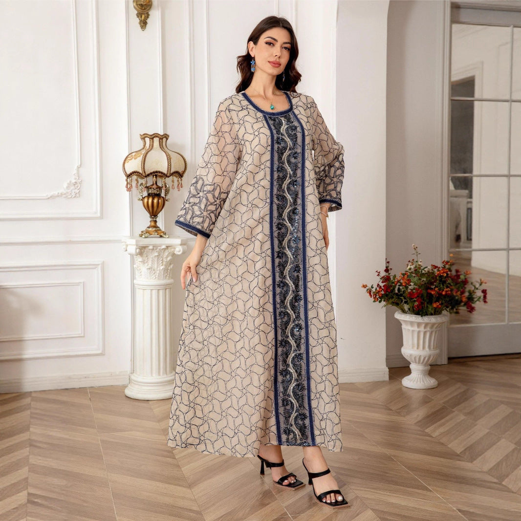 Gulf Islamic Modest Robe Three Tone Green Black Red Crack Jacquard Square Neck Luxury Vertical Sequin Embroidery Wide Bell Sleeve Plus Size Moroccan Caftan For Ladies Formal Evening Occasion