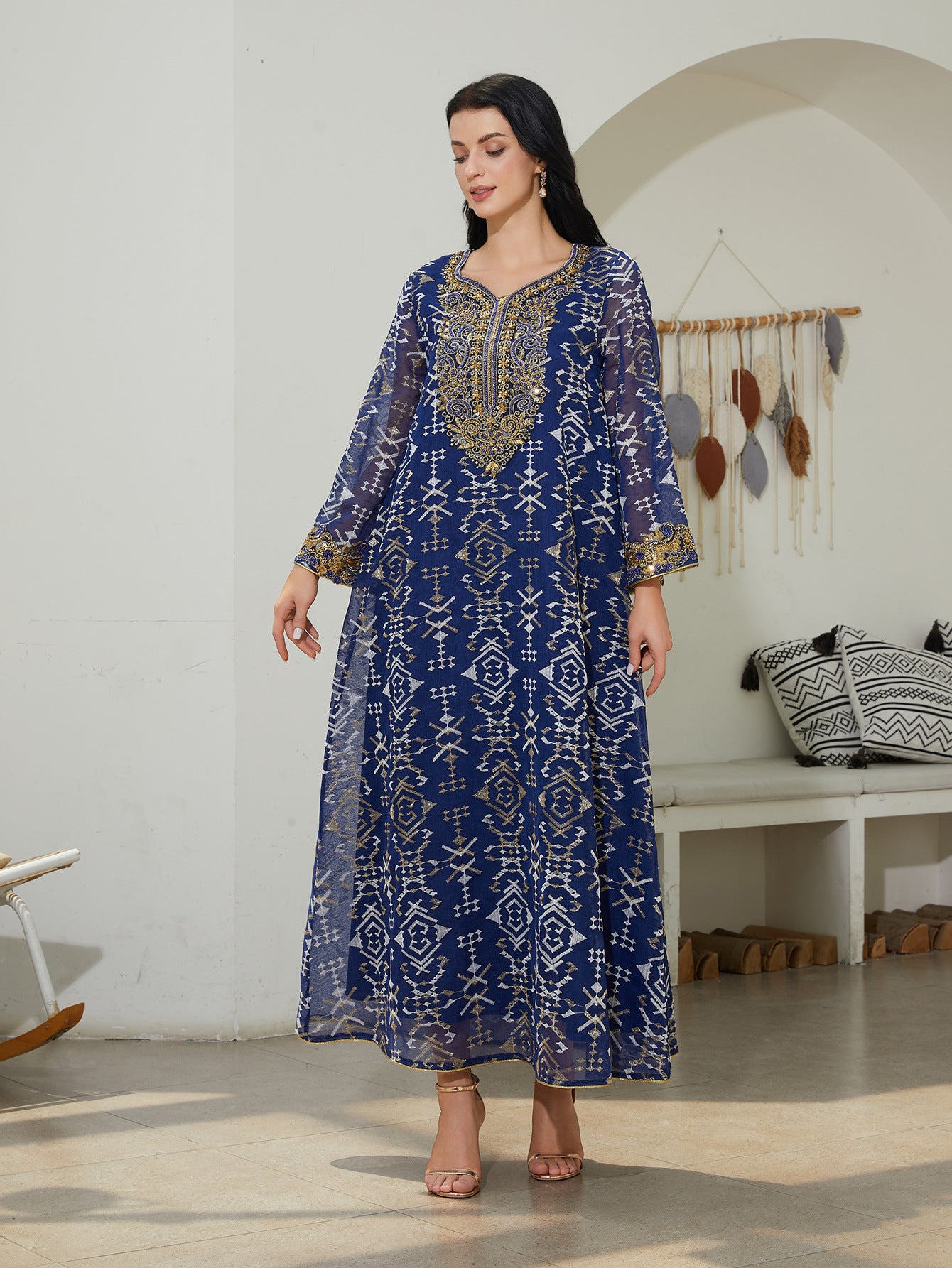Charming Blue Mesh Kaftan – Embroidered Modest Maxi Dress