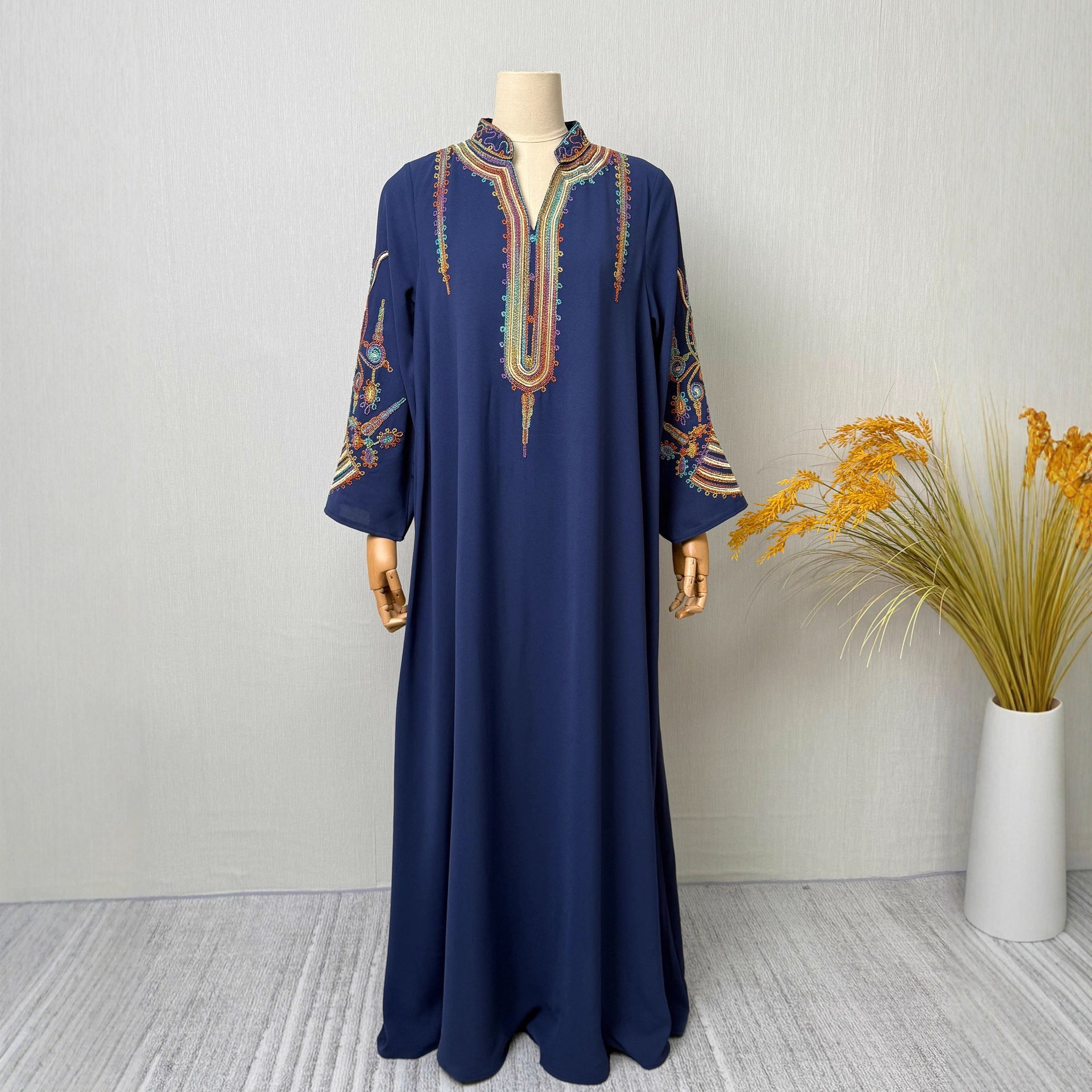 Navy and Pink Embroidered Pullover Maxi Abaya Dress Jalabiya Modest Long Dress for Muslim Women Ramadan Prayer Casual Wear S-XXL