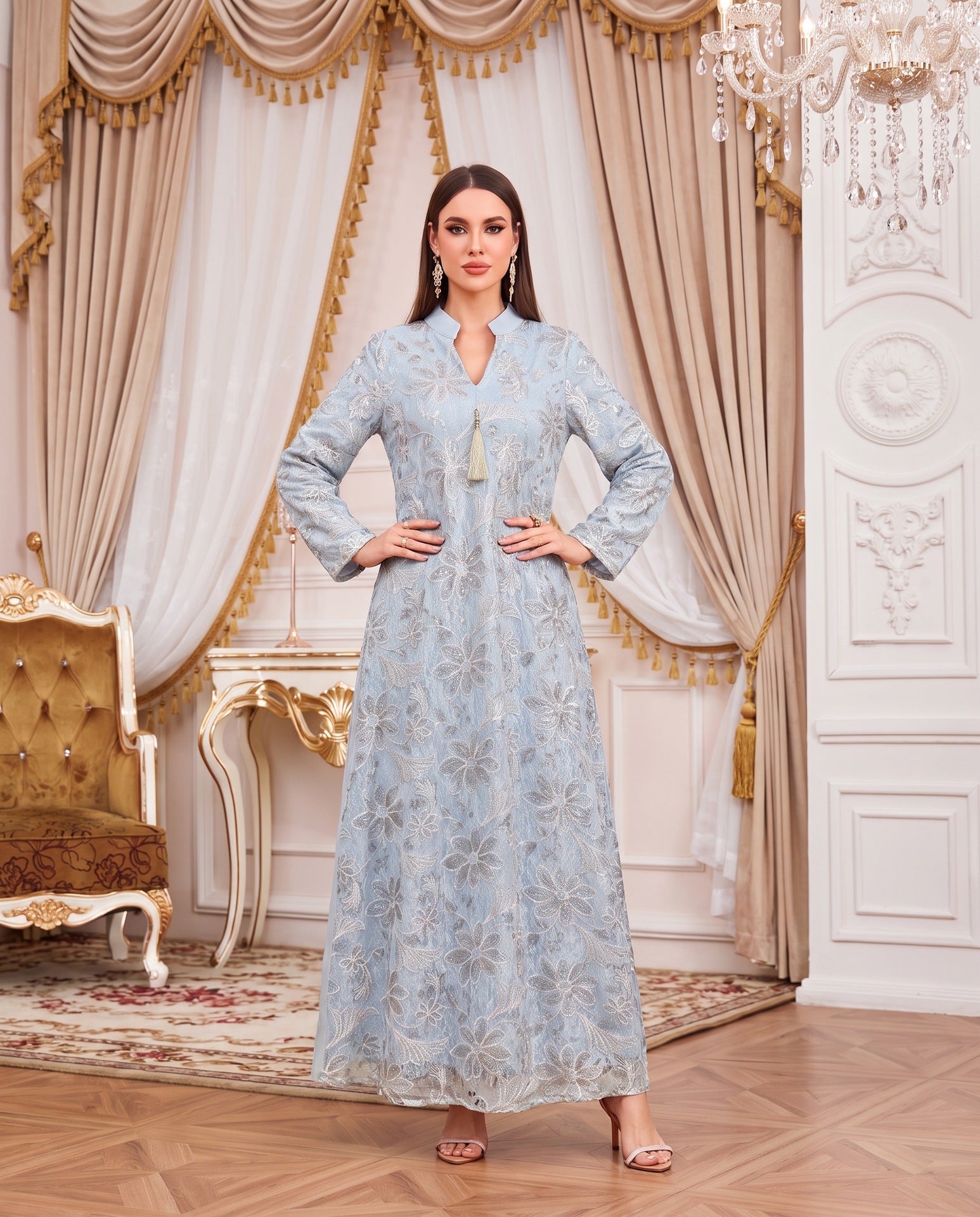 Apricot Pink Light Blue V-Neck Heavy Beaded Embroidered Abaya Maxi Dress