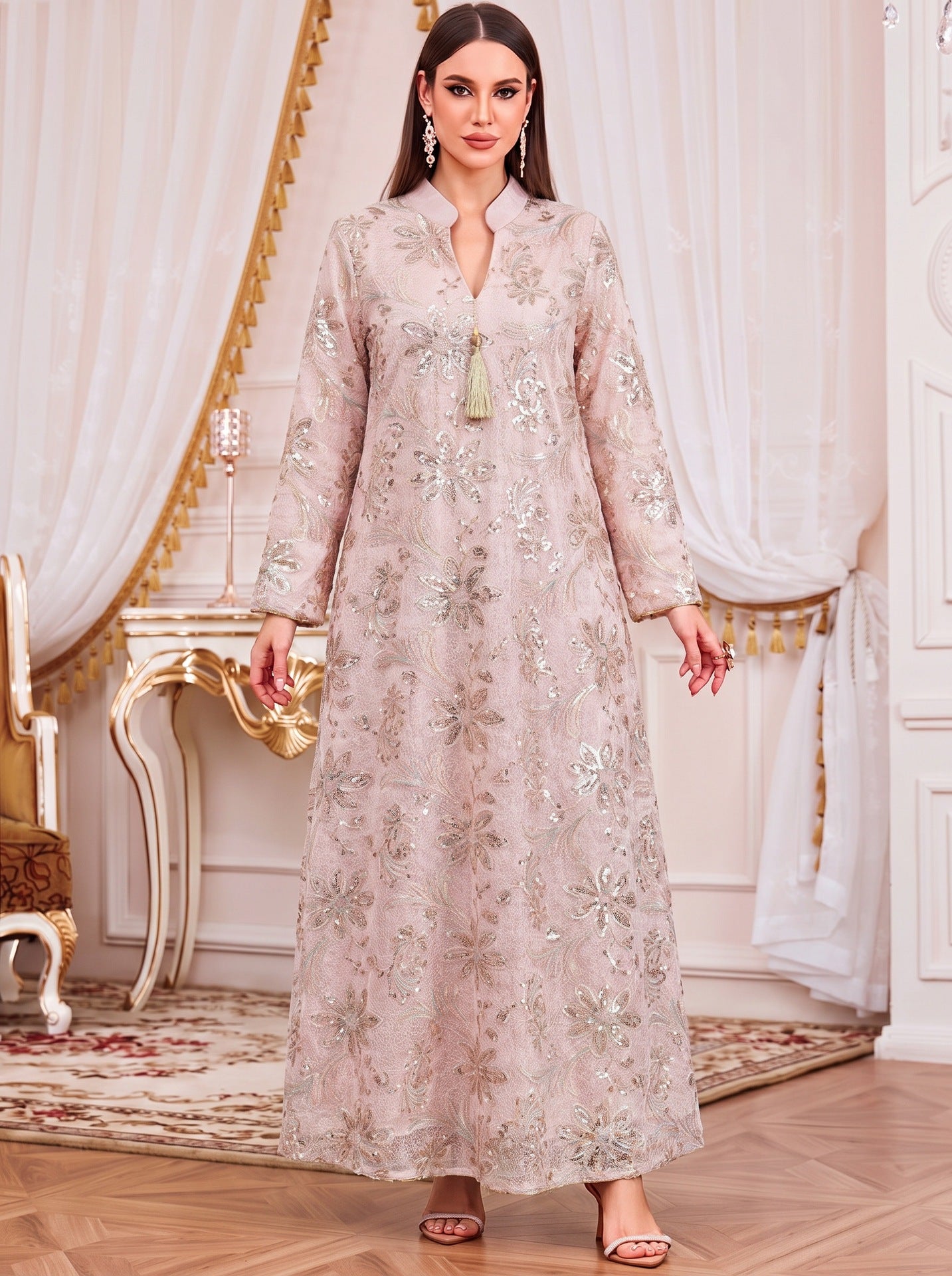 Apricot Pink Light Blue V-Neck Heavy Beaded Embroidered Abaya Maxi Dress