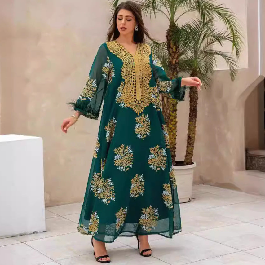 Luxury Dubai Wedding Abaya Turquoise Premium Arabian Craft Sheer Modest Gown Light Airflow Semi-Sheer Textile All Over Delicate Pale Gold Thread Embroidery Classic V-Neckline Loose Full-Length Silhouette Voluminous Bell Sleeves Pan-Arab Ladies Eid At