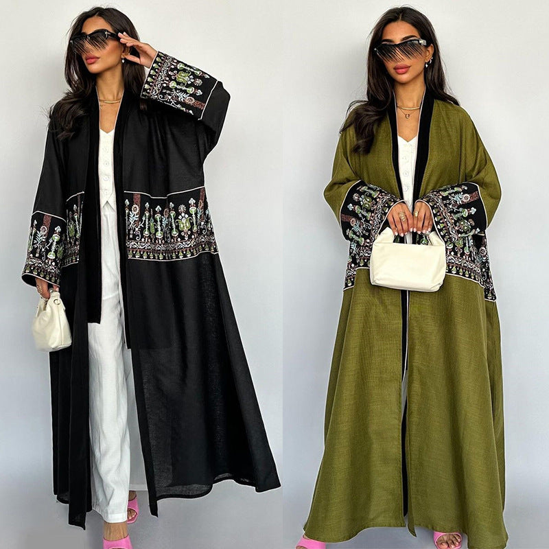 Black Embroidered Kimono Cardigan - Maxi Long Cardigan Dress for Women