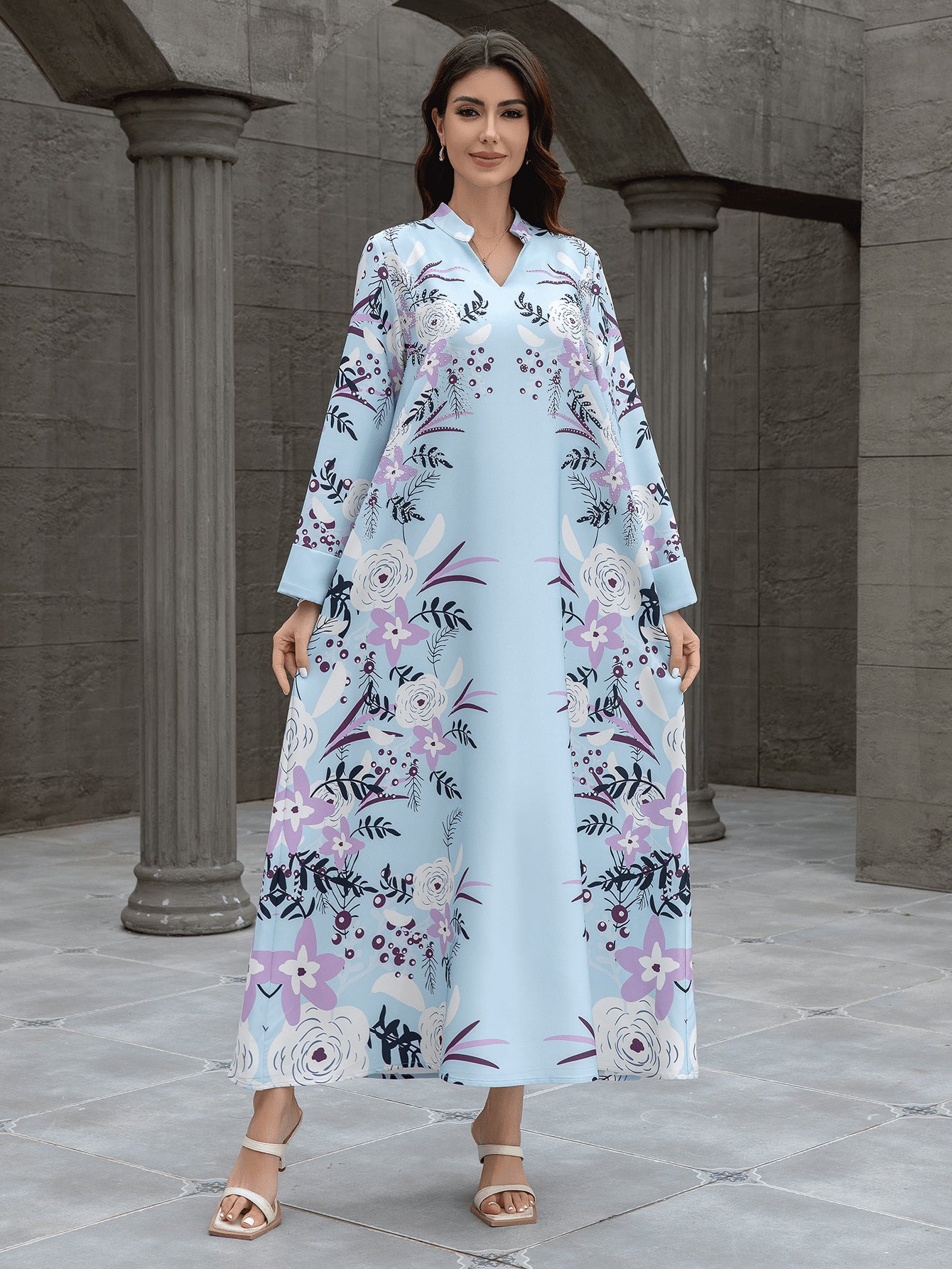 Light Blue Floral Print Modest Jalabiya Abaya Dress - Plus Size Maxi
