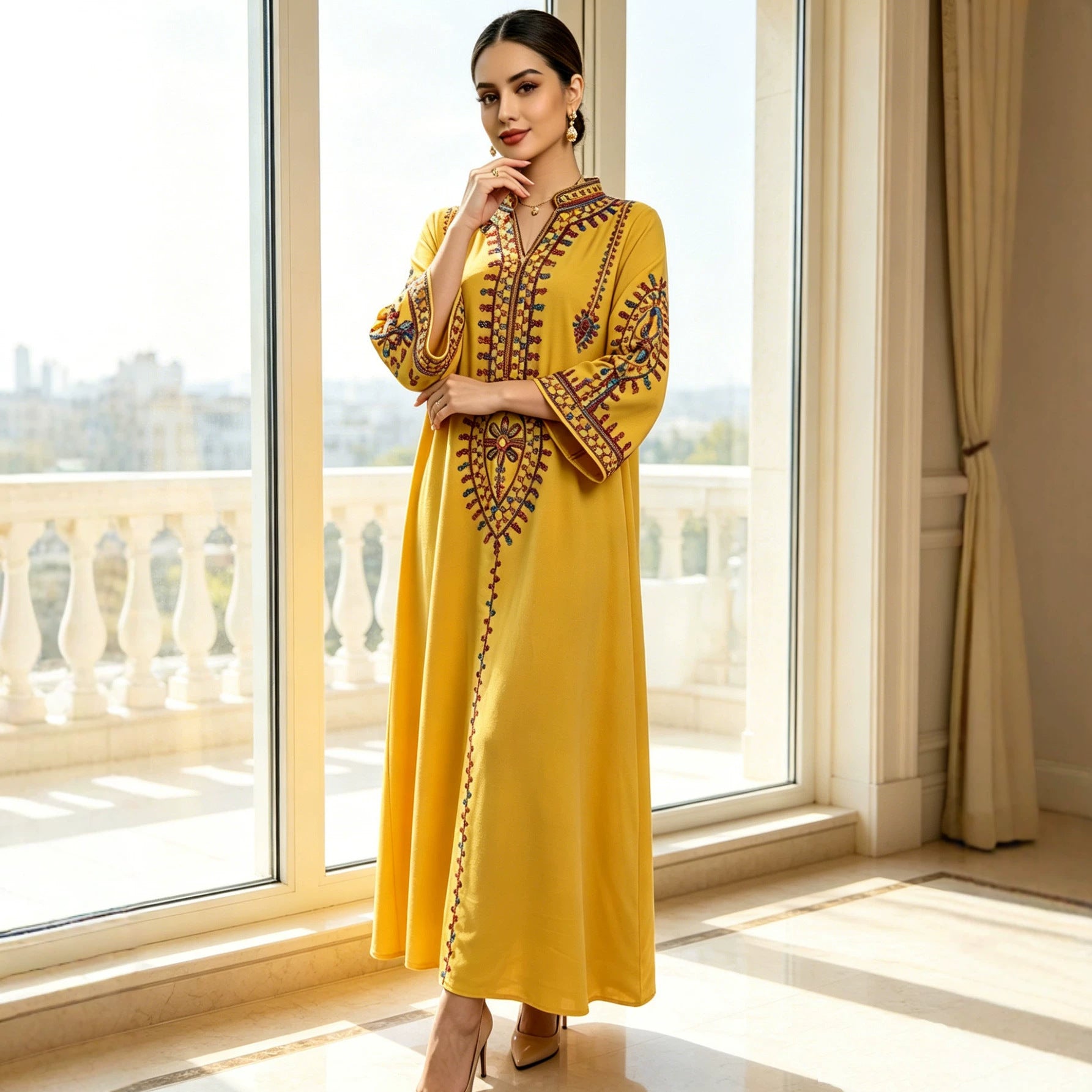 Cord Embroidered Ethnic Kaftan Robe Dress Jalabiya Modest Long Maxi Gown for Muslim Women Eid Ramadan Celebration S-XXL