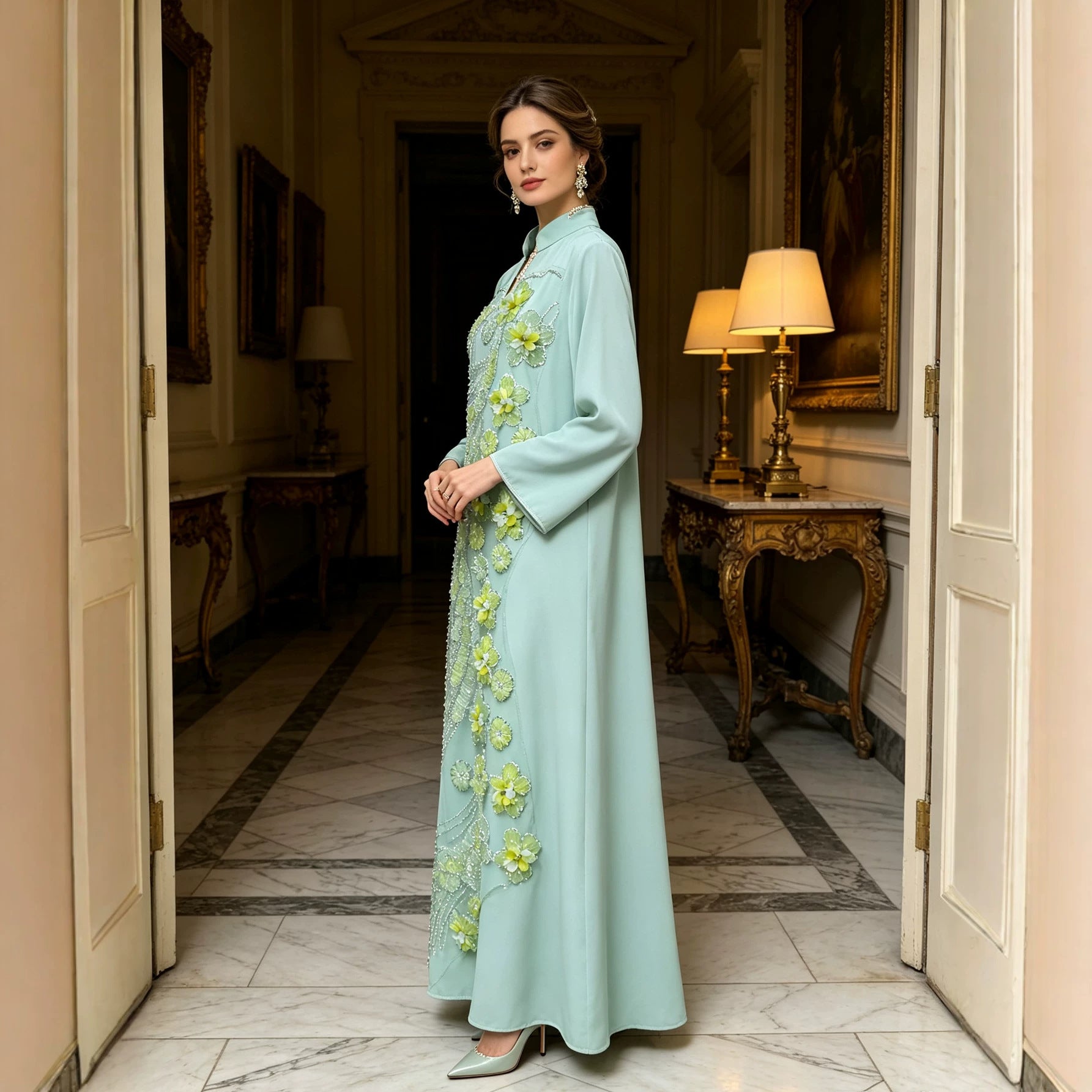 Mint Green Stand Collar Beaded Floral Applique Maxi Abaya Dress Jalabiya Modest Long Dress for Muslim Women Ramadan Prayer Casual Wear S-XXL