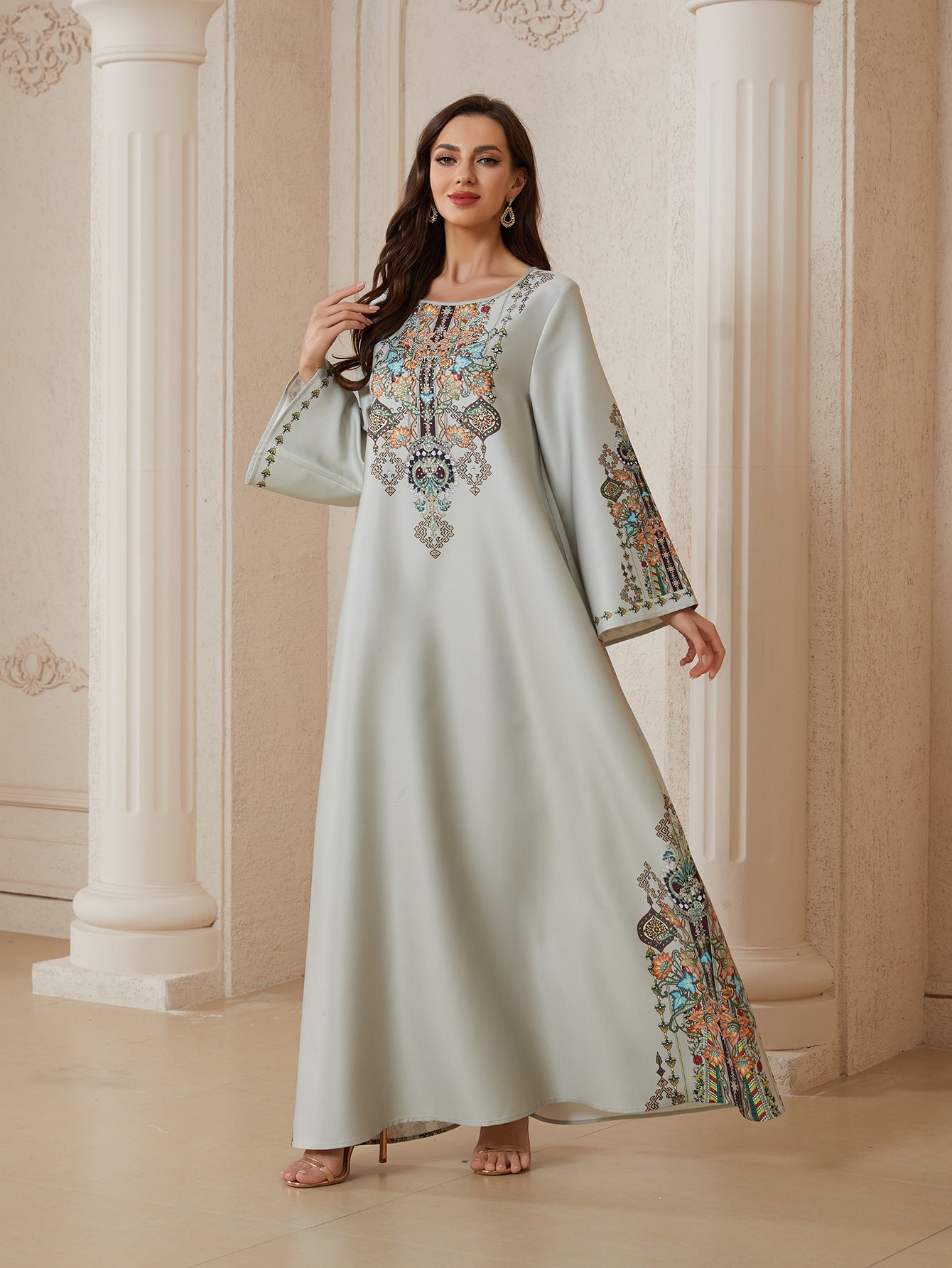 Pastel Light Grey Matte Crepe Long Kaftan Robe For Ladies Round Neck Long Sleeve With Symmetric Multi-Color Floral Embroidery Full Length Formal Modest Outfit