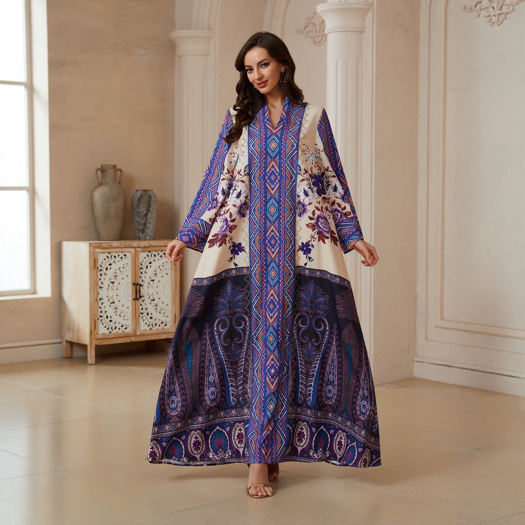 Purple Turkish Print Abaya - Plus Size Rhinestone Modest Robe