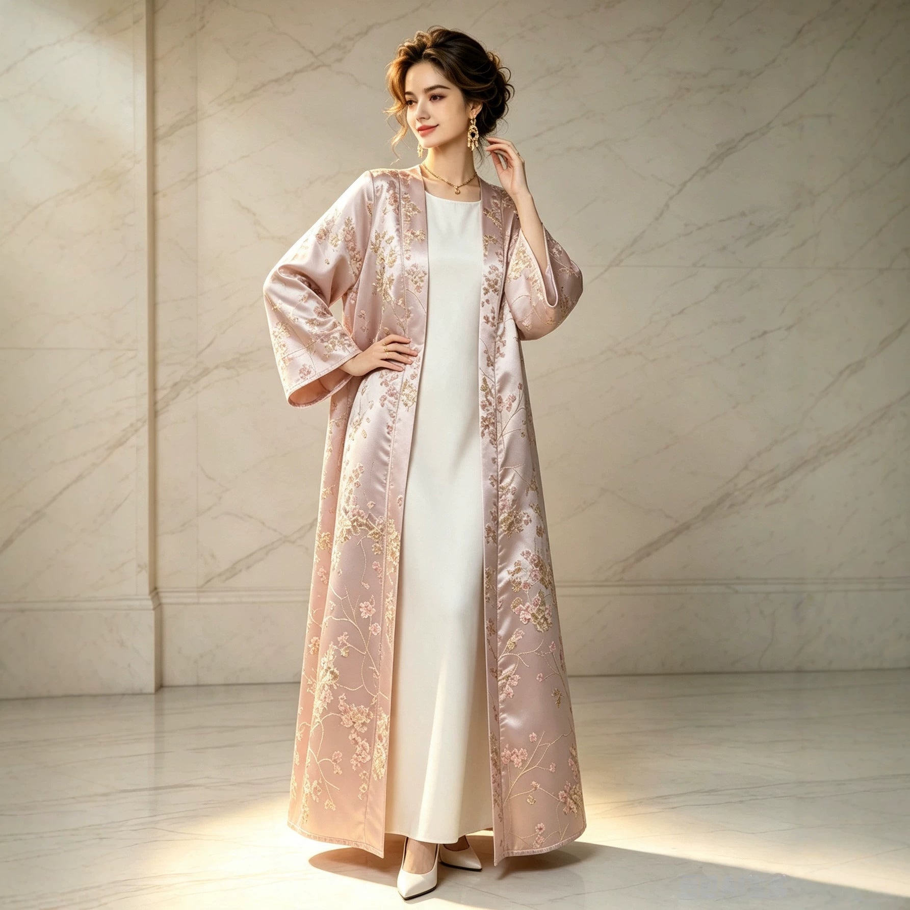 Pink Satin Gold Thread Embroidered Open Cardigan Maxi Abaya Dress Jalabiya Modest Long Dress for Eid Ramadan Festive Celebration S-XXL