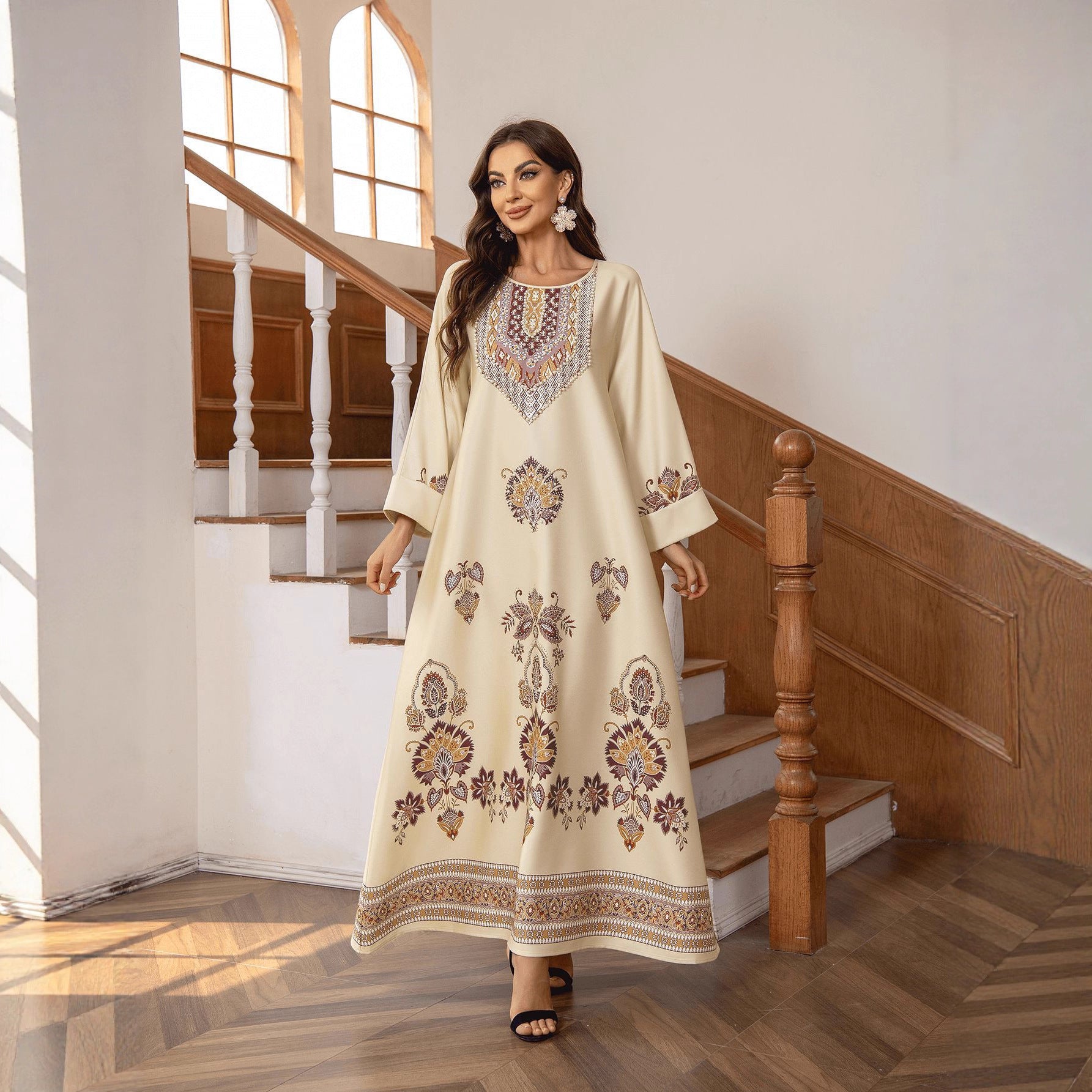 Elegant Khaki Brown & Nude Two-Tone Printed Round Neck A-Line Kaftan Abaya with Rhinestone Beaded Jalabiya Modest Maxi Dress for Muslim Women Eid Ramadan Daily Wear Loose Floor Length Long Robe S-XXL