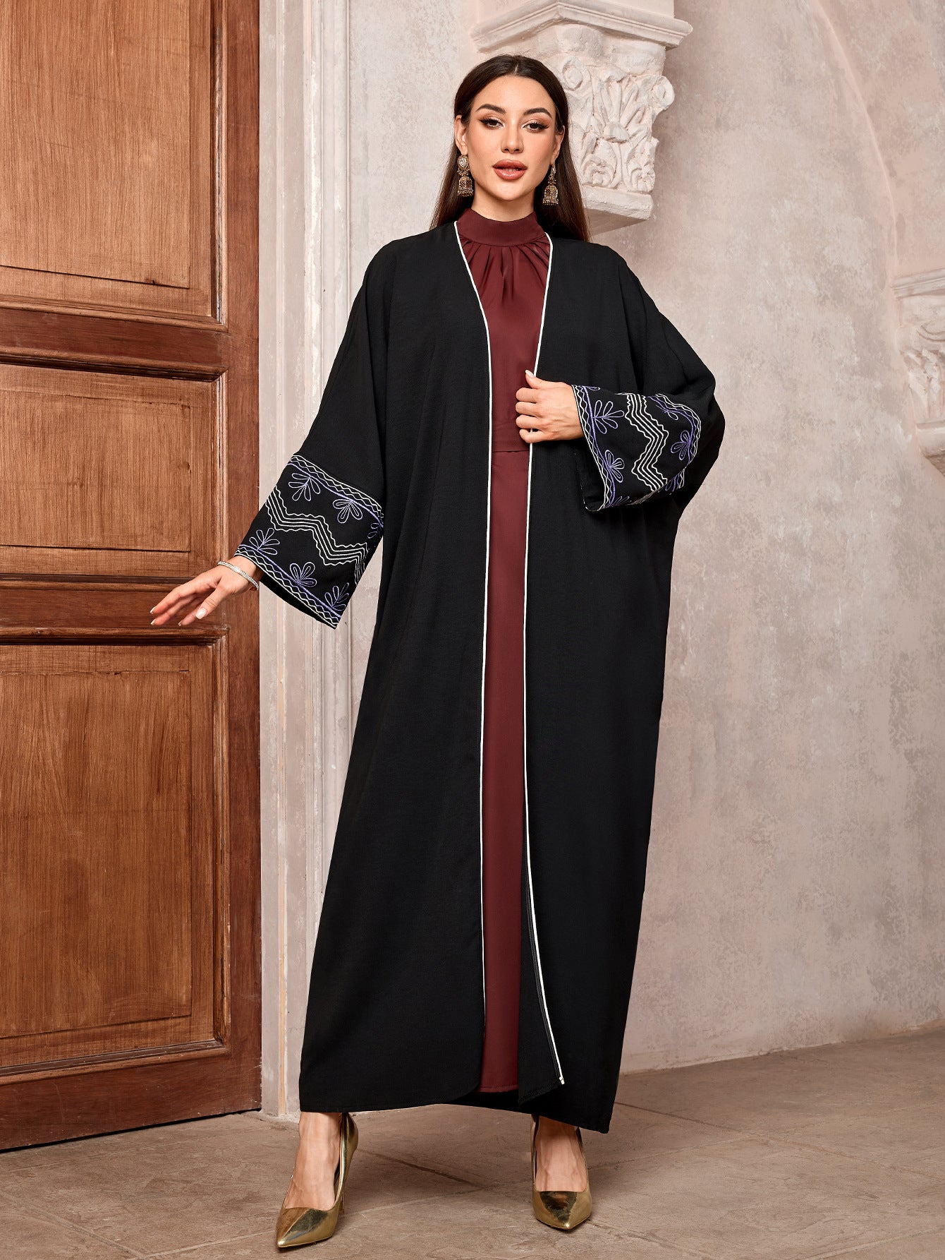 Vintage Embroidered Long Robe Abaya Cardigan Modest Maxi Dress Jalabiya for Muslim Women Eid Ramadan Prayer Wear One Size