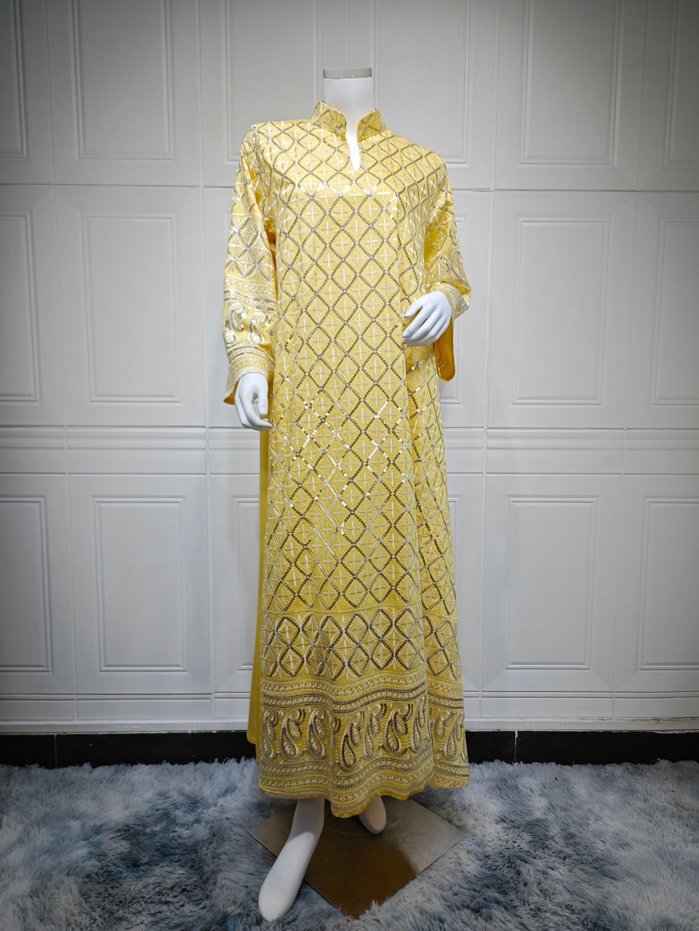 3 Colors Sequin Diamond Embroidery Abaya Women Stand Collar V Notch Flare Sleeve Maxi Kaftan Luxury Modest Long Dress For Eid Ramadan Wedding Party