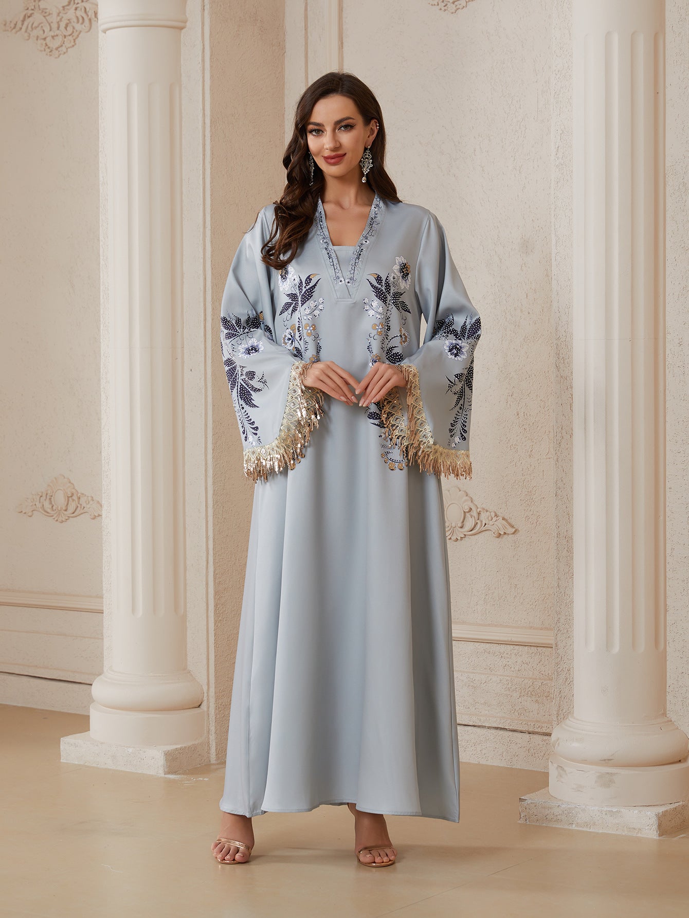 Serene Silver Printed Abaya – Casual Loose Modest Maxi Dress