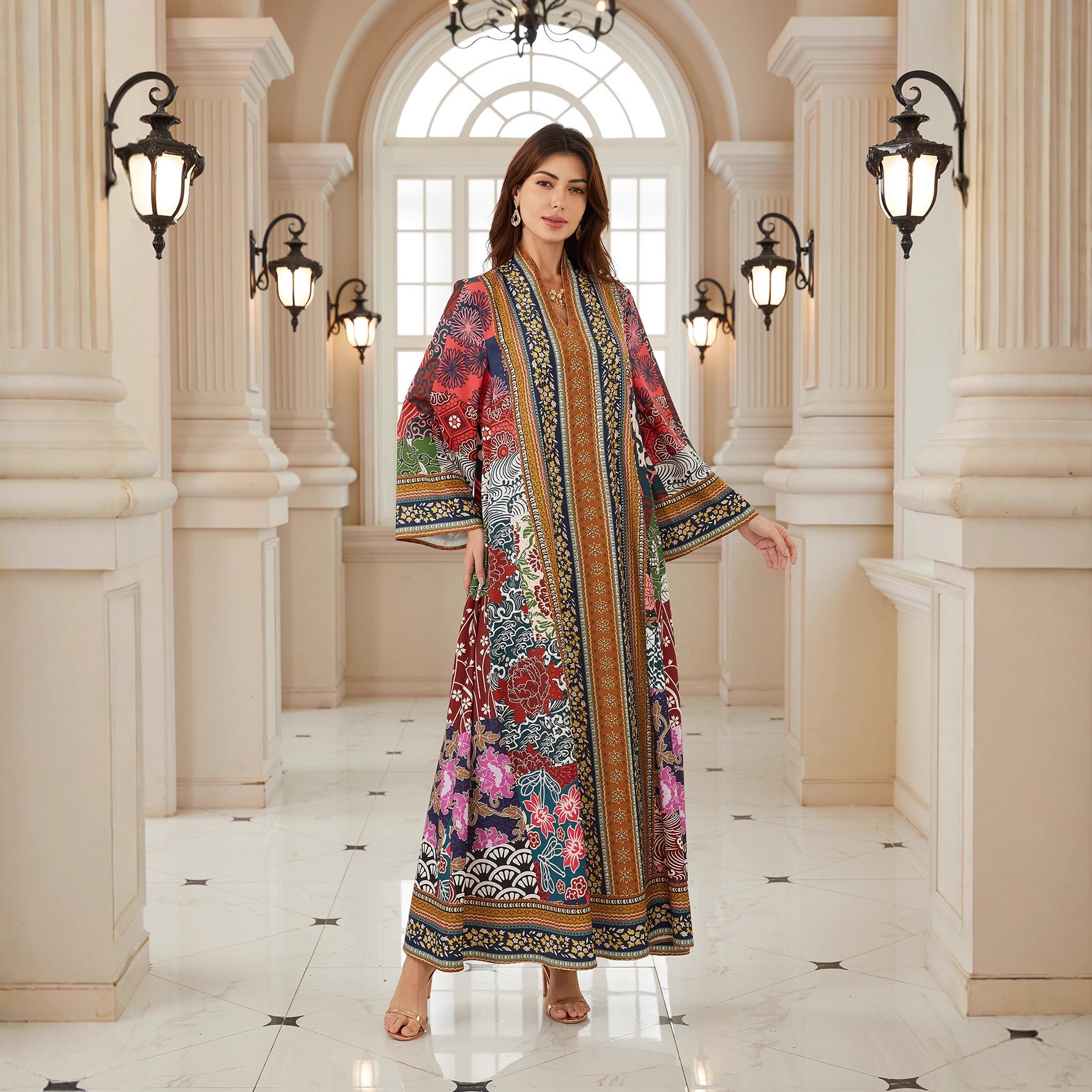 Radiant Floral Jalabiya – V-Neck Bohemian Modest Maxi Dress