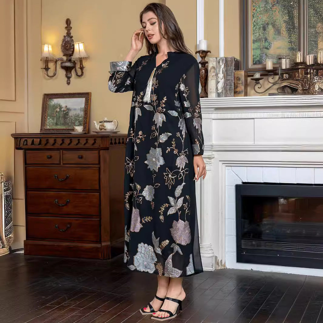 2026 Trending Modest Formal Abaya Black Tone Gradient Floral Sequin Embroidery V Neck Tassel Pendant Sheer Long Sleeve Long Dubai Robe Plus Size For UAE Saudi GCC Ramadan & Nikkah Ceremony