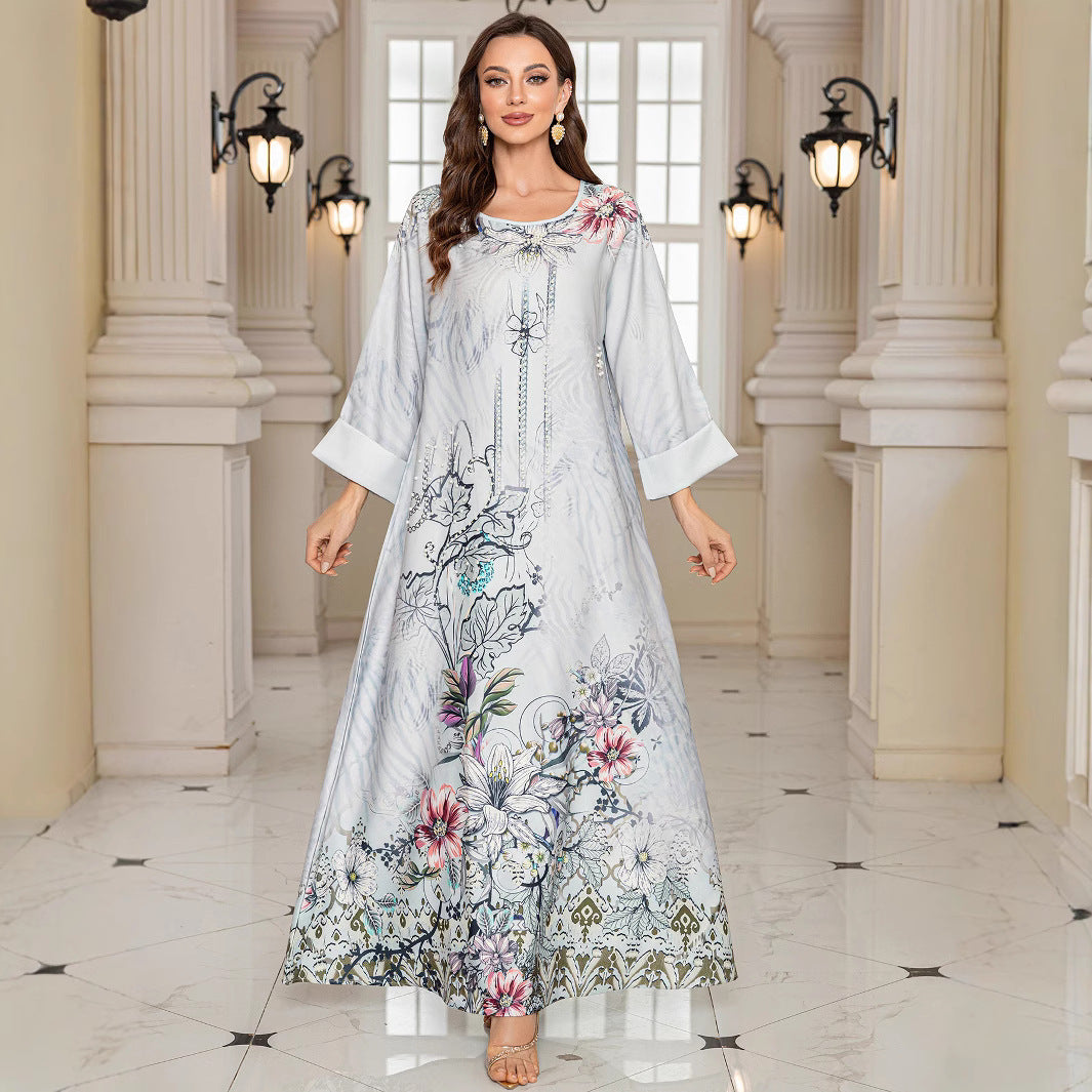 Grey Rhinestone Beaded Inlaid Diamond Maxi Abaya Long Dress