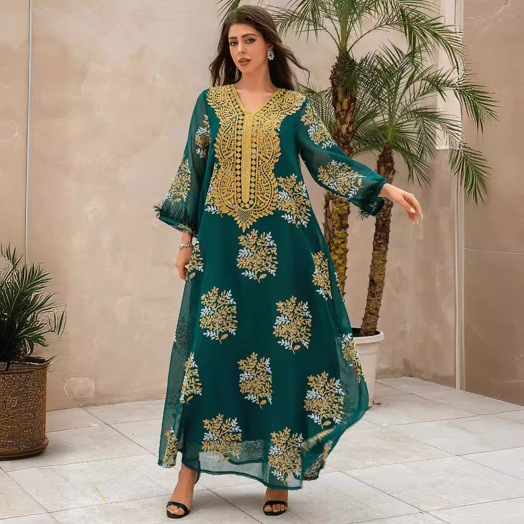 Luxury Dubai Wedding Abaya Turquoise Premium Arabian Craft Sheer Modest Gown Light Airflow Semi-Sheer Textile All Over Delicate Pale Gold Thread Embroidery Classic V-Neckline Loose Full-Length Silhouette Voluminous Bell Sleeves Pan-Arab Ladies Eid At