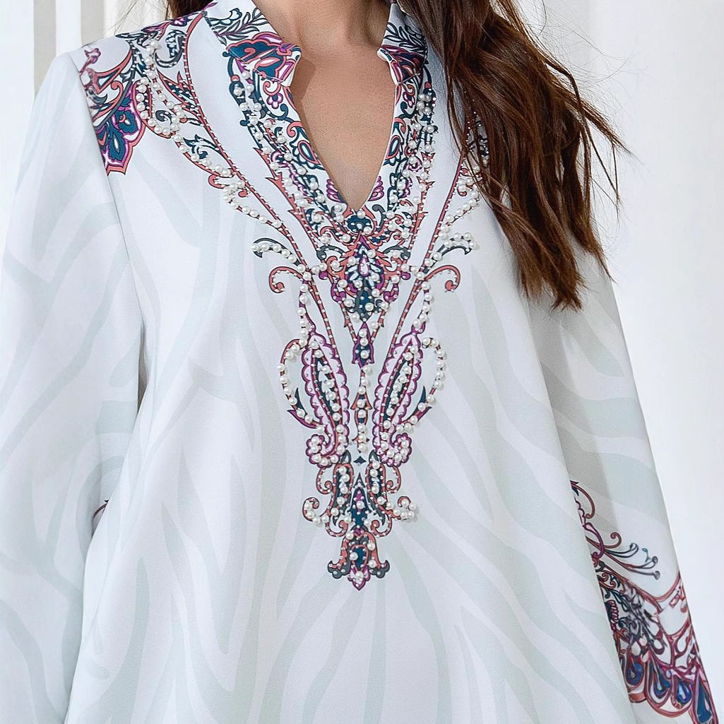 White Floral Print Mandarin Collar Rhinestone Plus Size Maxi Abaya