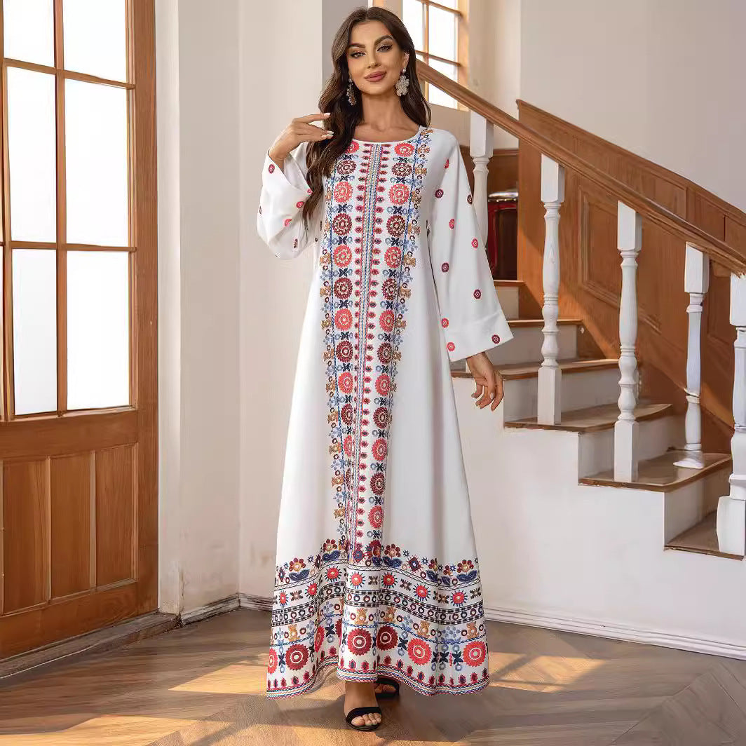 Elegant Red Printed Gold Foil Beaded Maxi Abaya Jalabiya Modest Long Robe for Muslim Women Eid Ramadan Daily Wear Loose Floor Length Dress S-XXL