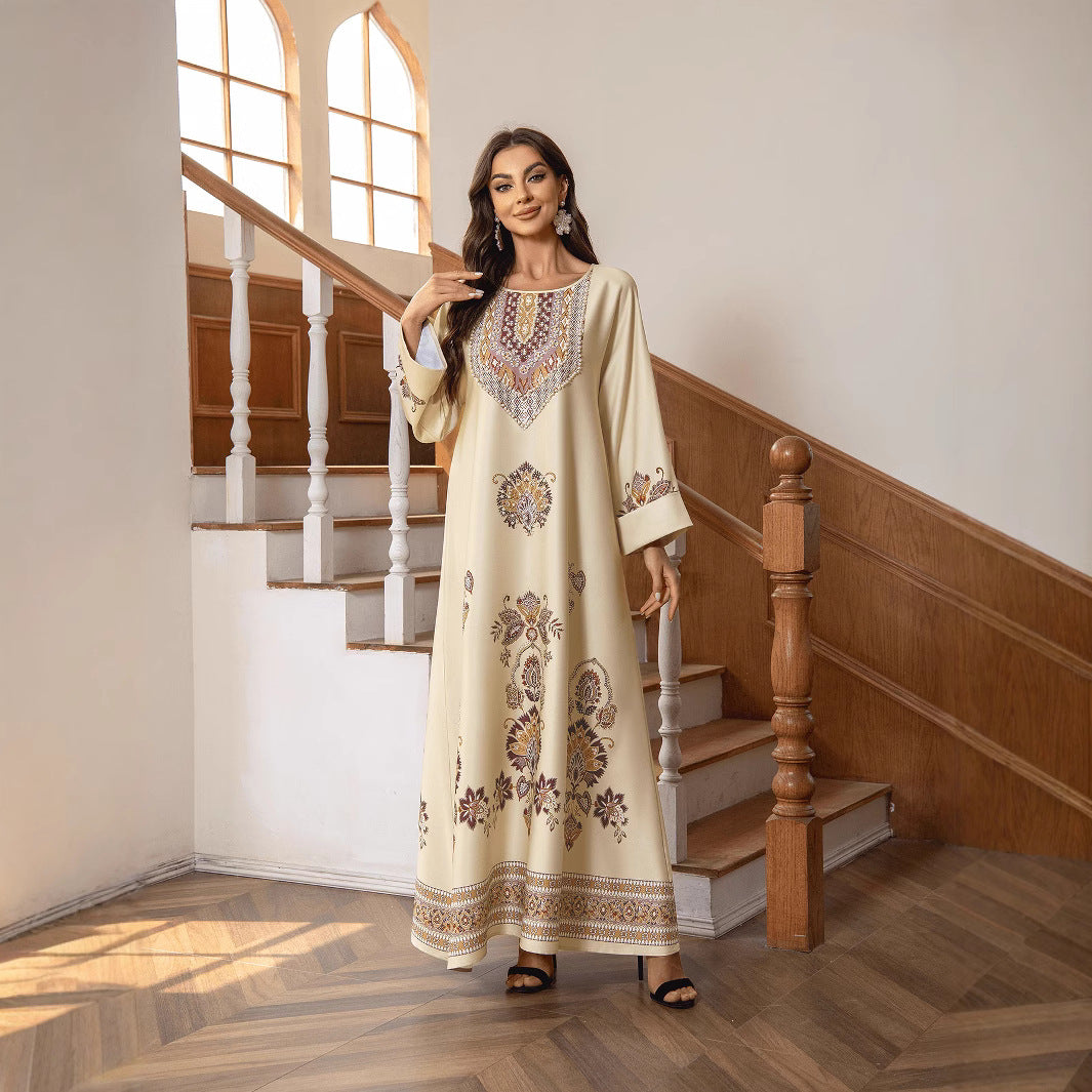 Elegant Khaki Brown & Nude Two-Tone Printed Round Neck A-Line Kaftan Abaya with Rhinestone Beaded Jalabiya Modest Maxi Dress for Muslim Women Eid Ramadan Daily Wear Loose Floor Length Long Robe S-XXL