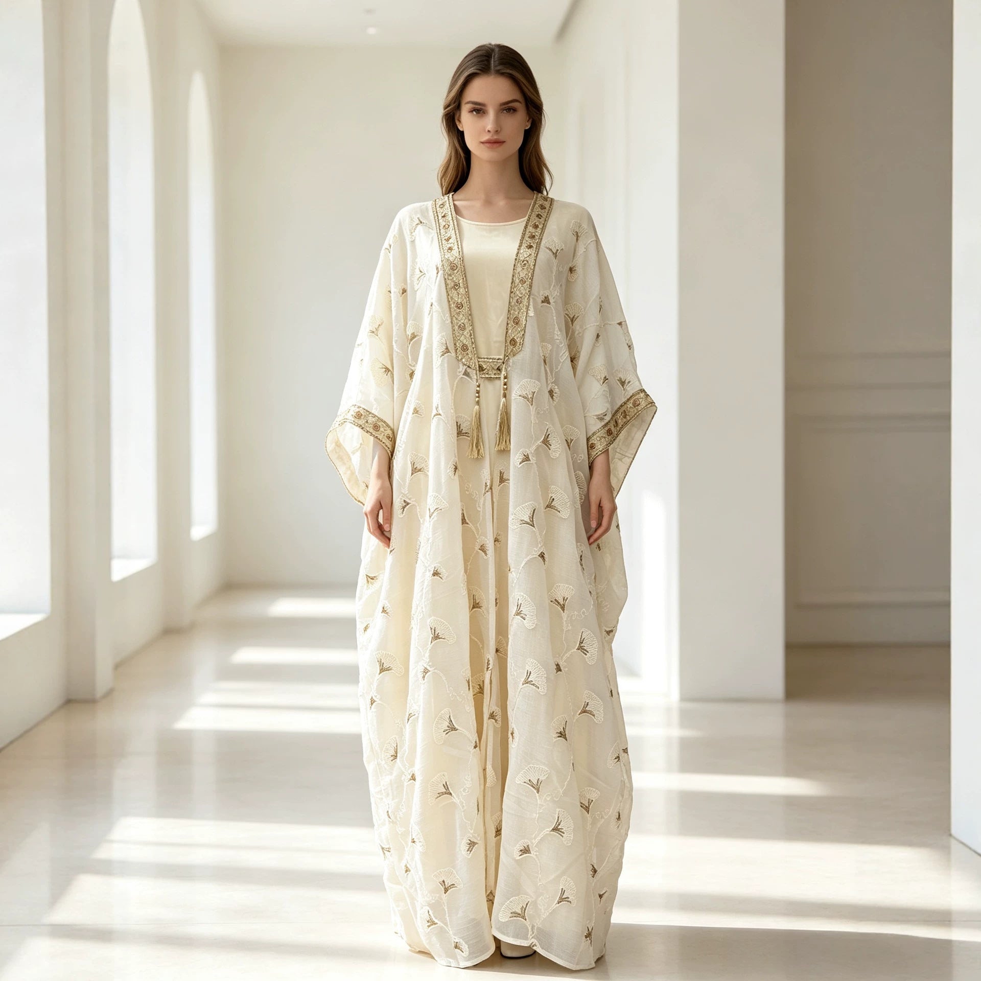 Off White Two-Piece Embroidered Cardigan Vest Set Gown Abaya Modest Long Maxi Dress for Muslim Women Eid Ramadan Kaftan