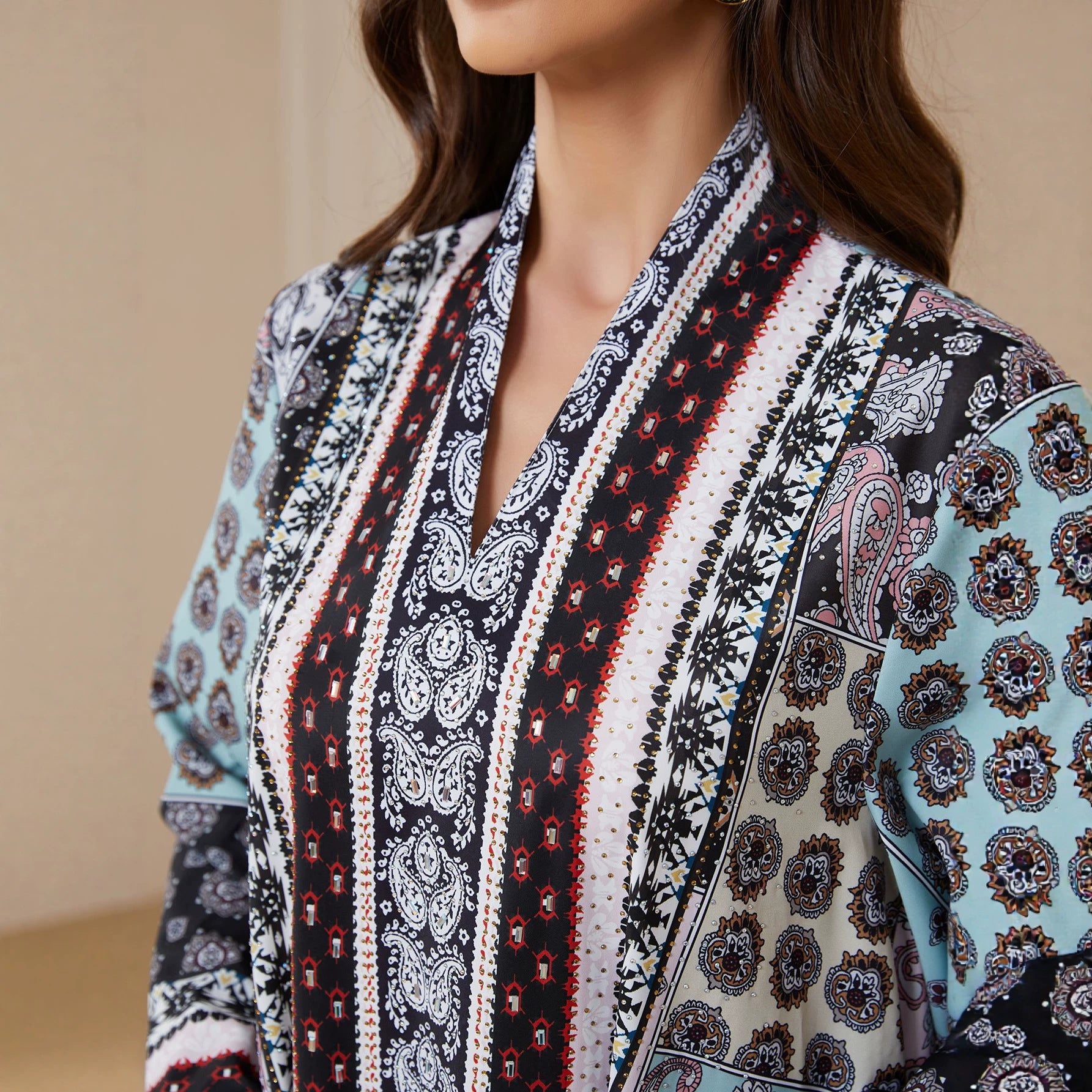 Floral V-Neck Long Sleeve Abaya - Modest Muslim Dress Ramadan Eid