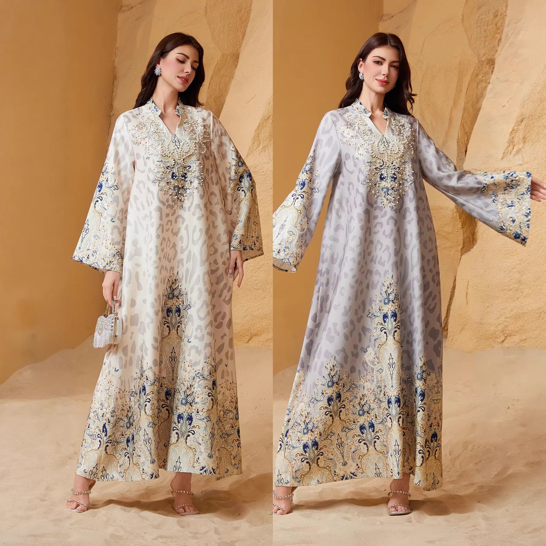 Bold Yellow Grey Leopard Rhinestone Kaftan Abaya Maxi Eid Ramadan
