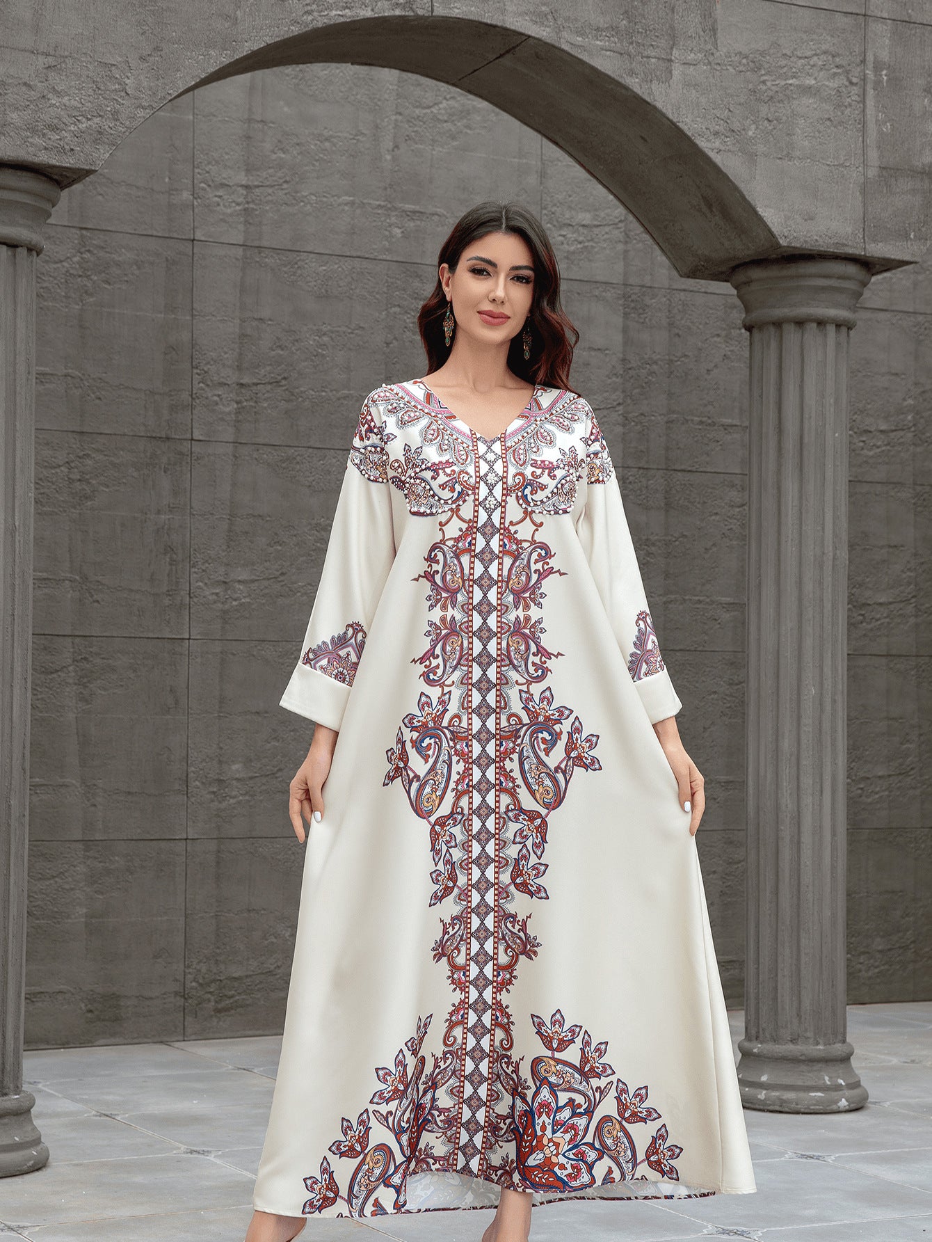 Apricot Floral Print Rhinestone Embroidered Maxi Abaya Dress