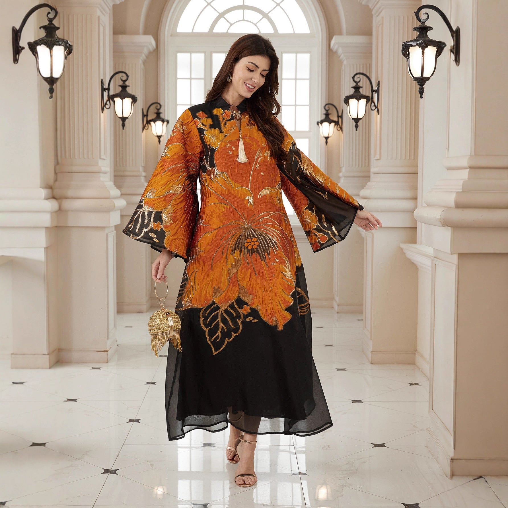 New Arrival Cross-Border Elegant Ready-to-Wear Muslim Abaya Dress with Creative Floral Art Patterns