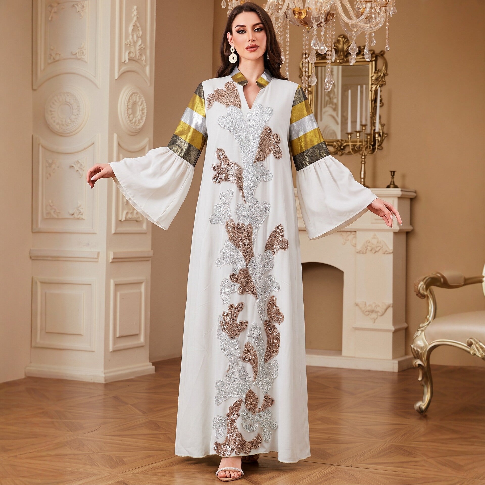 Black White V-Neck Embroidered Ethnic Rhinestone Modest Maxi Abaya