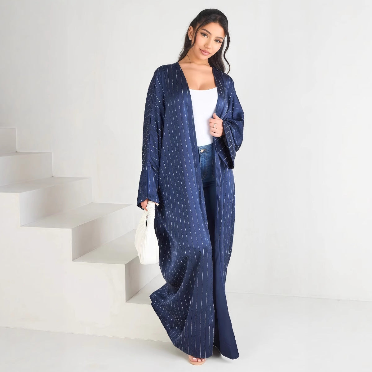 Luxury Rhinestone Striped Loose Open Front Abaya Cardigan Modest Long Maxi Cape Gown for Women Festive Banquet One Size