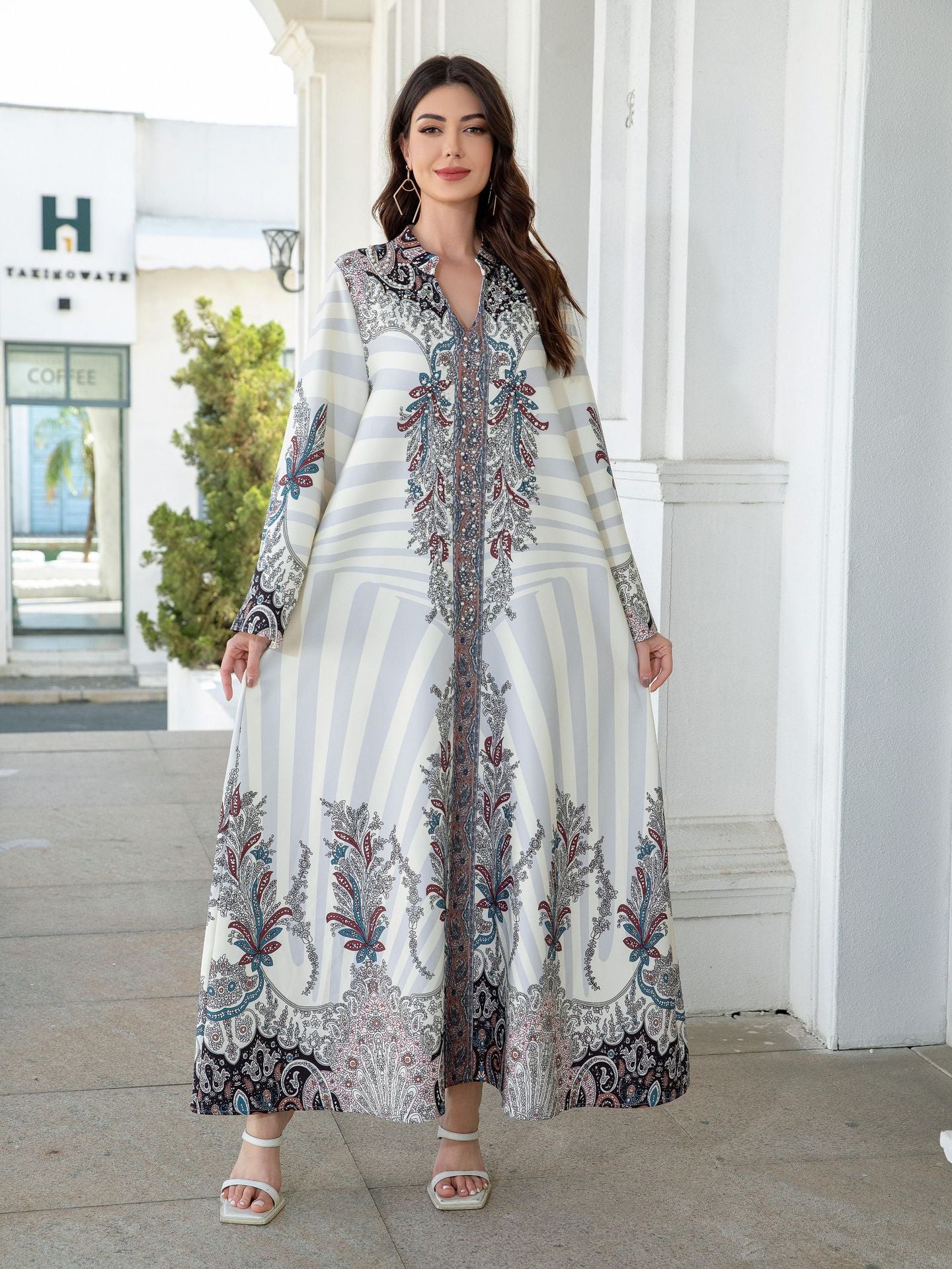 White Floral Print Mandarin Collar Rhinestone Embroidered Maxi Abaya