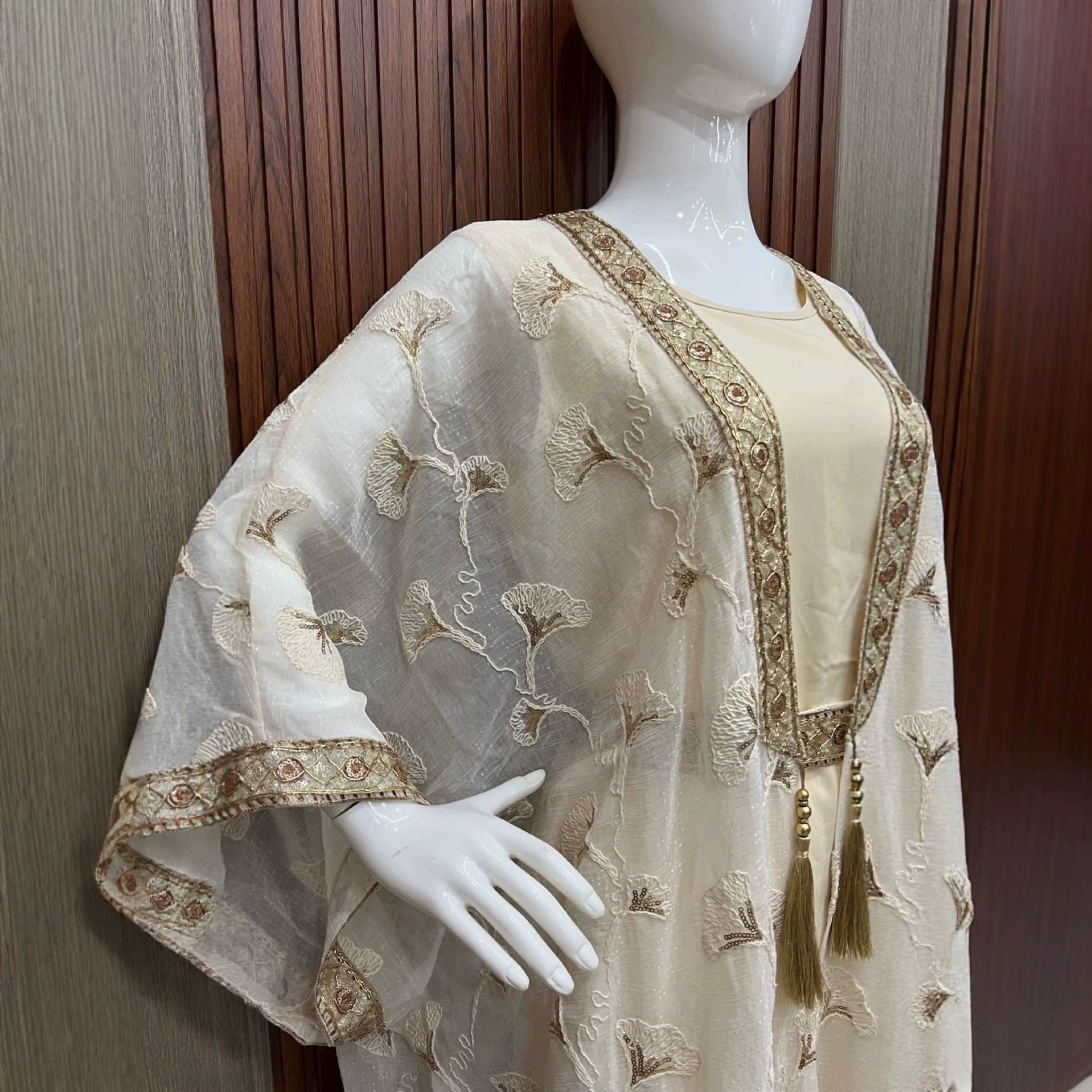 Off White Two-Piece Embroidered Cardigan Vest Set Gown Abaya Modest Long Maxi Dress for Muslim Women Eid Ramadan Kaftan