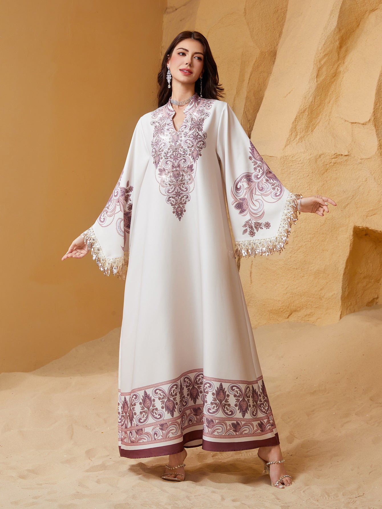 Charming Pink Rhinestone Beaded Kaftan Gown Maxi Abaya Eid Ramadan