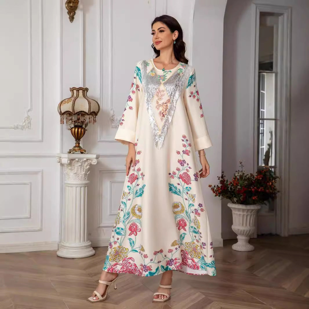 Ivory Floral Print Pullover Abaya - All-Over Stretch Modest Maxi Dress