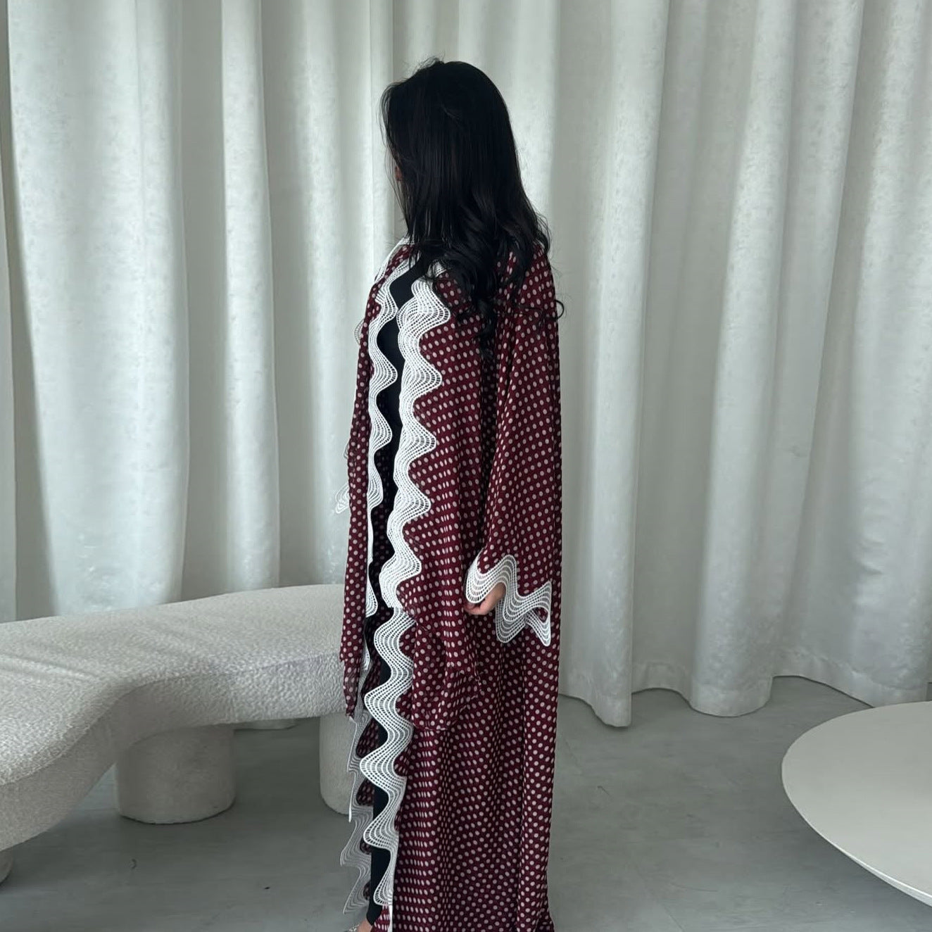 Red Polka Dot Chiffon Floral Print Ruffle Hem Abaya with Hijab Two-Piece Set