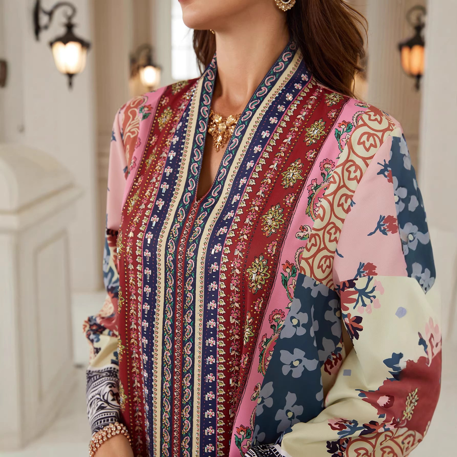 Exquisite Floral V-Neck Abaya – Ethnic Modest Maxi Dress